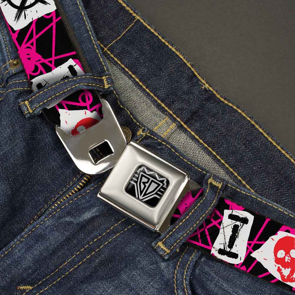 BD Wings Logo CLOSE-UP Full Color Black Silver Seatbelt Belt - I Heart Punk Rock w/Safety Pins Black/Fuchsia/White Webbing Seatbelt Belts Buckle-Down