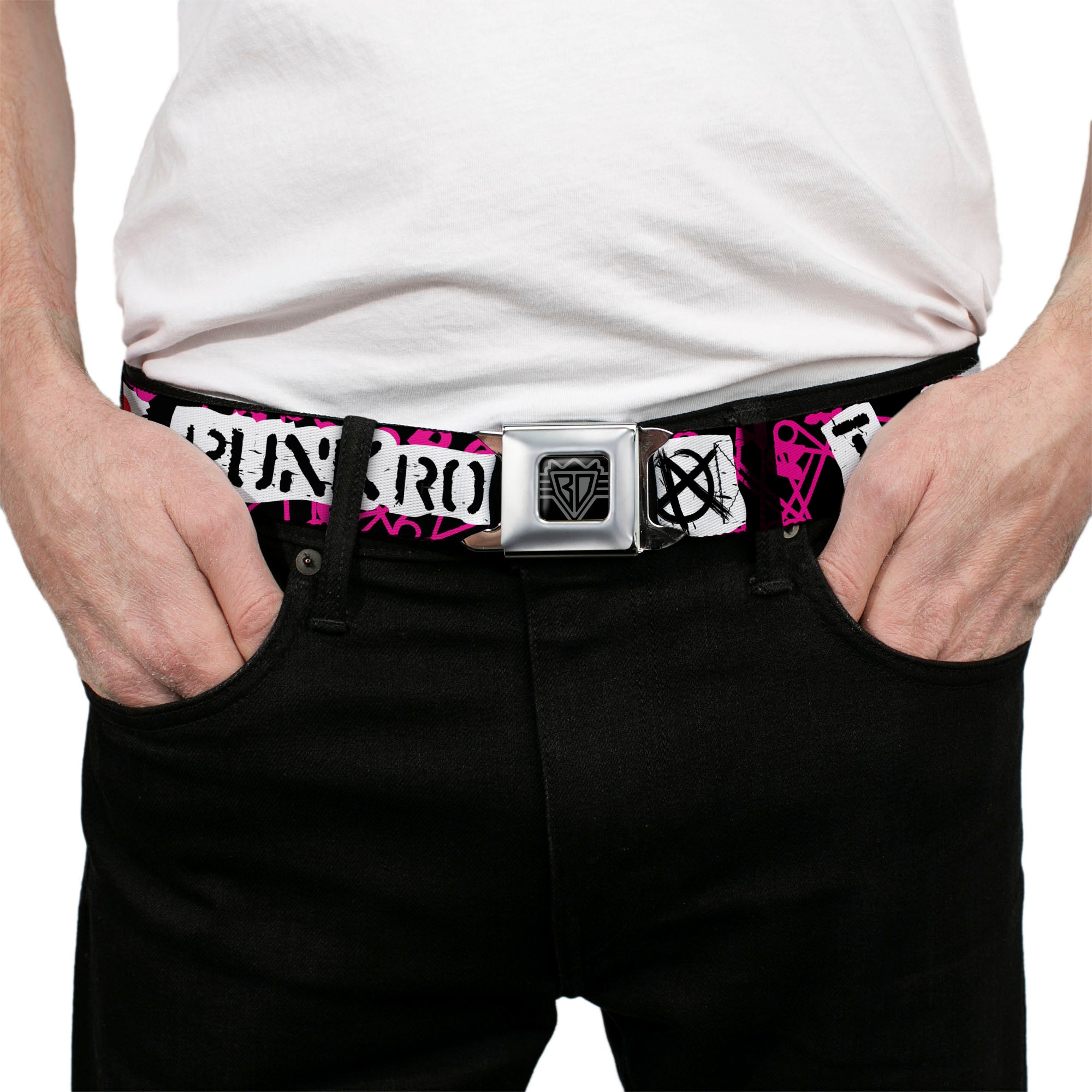 BD Wings Logo CLOSE-UP Full Color Black Silver Seatbelt Belt - I Heart Punk Rock w/Safety Pins Black/Fuchsia/White Webbing Seatbelt Belts Buckle-Down
