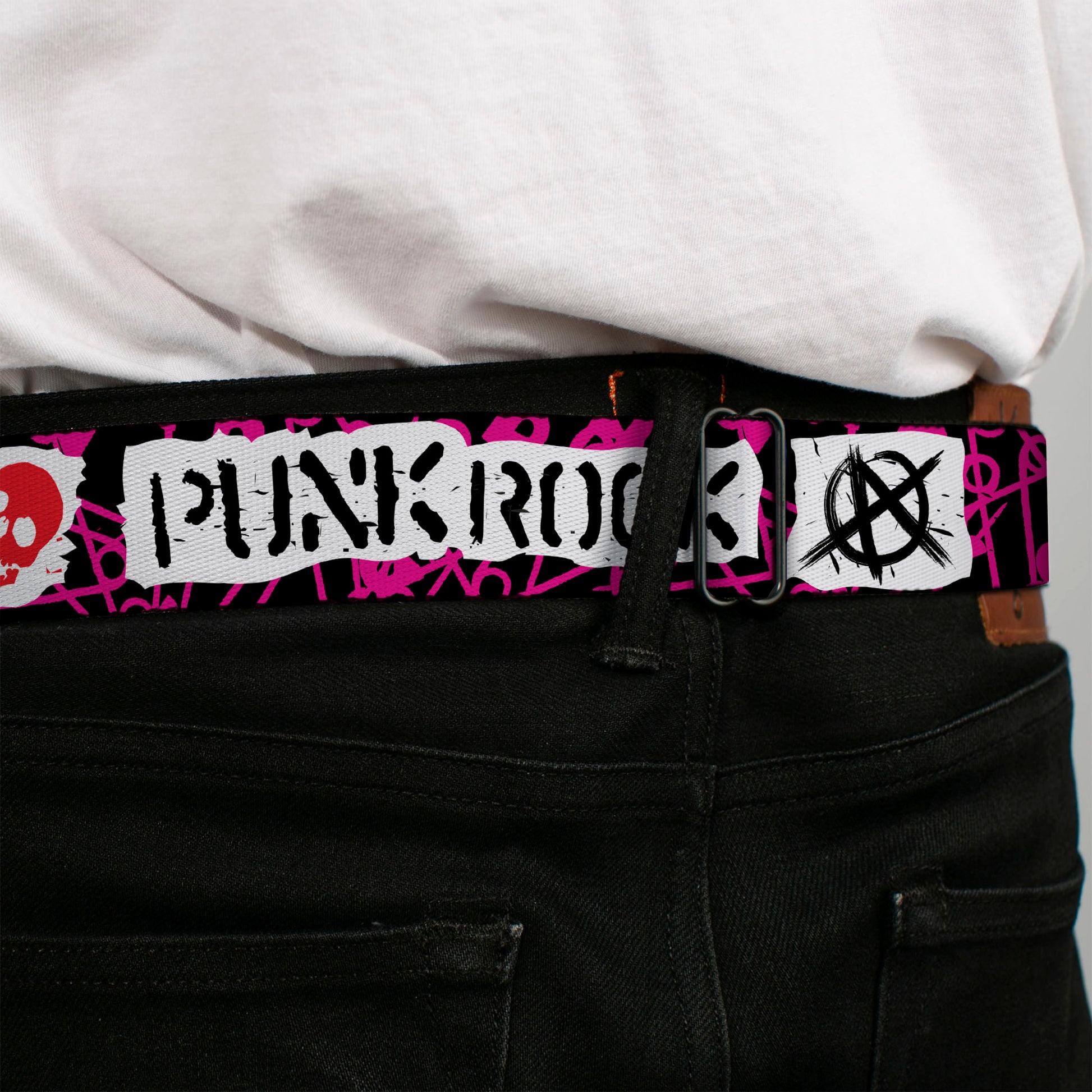 BD Wings Logo CLOSE-UP Full Color Black Silver Seatbelt Belt - I Heart Punk Rock w/Safety Pins Black/Fuchsia/White Webbing Seatbelt Belts Buckle-Down