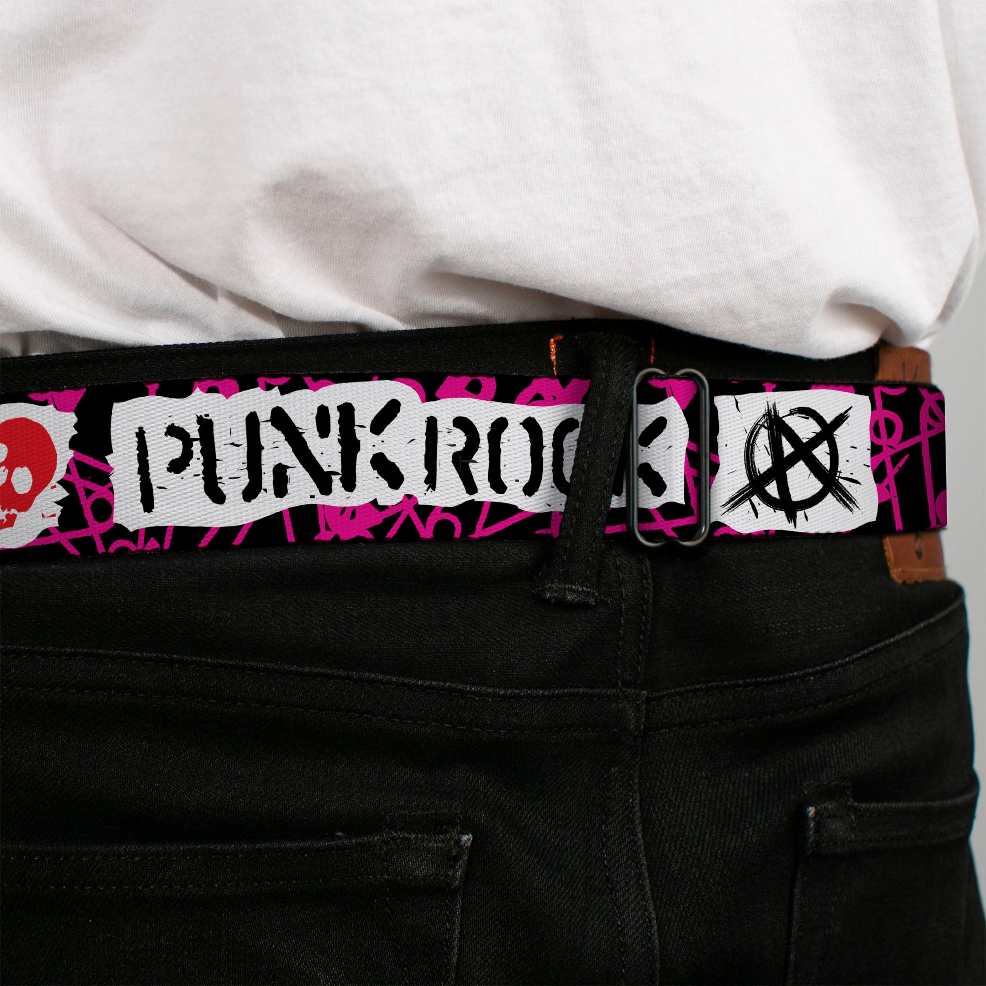 BD Wings Logo CLOSE-UP Full Color Black Silver Seatbelt Belt - I Heart Punk Rock w/Safety Pins Black/Fuchsia/White Webbing Seatbelt Belts Buckle-Down