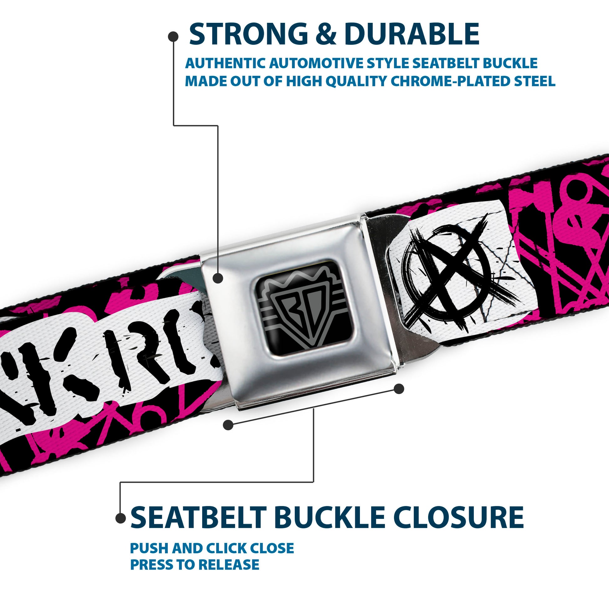 BD Wings Logo CLOSE-UP Full Color Black Silver Seatbelt Belt - I Heart Punk Rock w/Safety Pins Black/Fuchsia/White Webbing Seatbelt Belts Buckle-Down