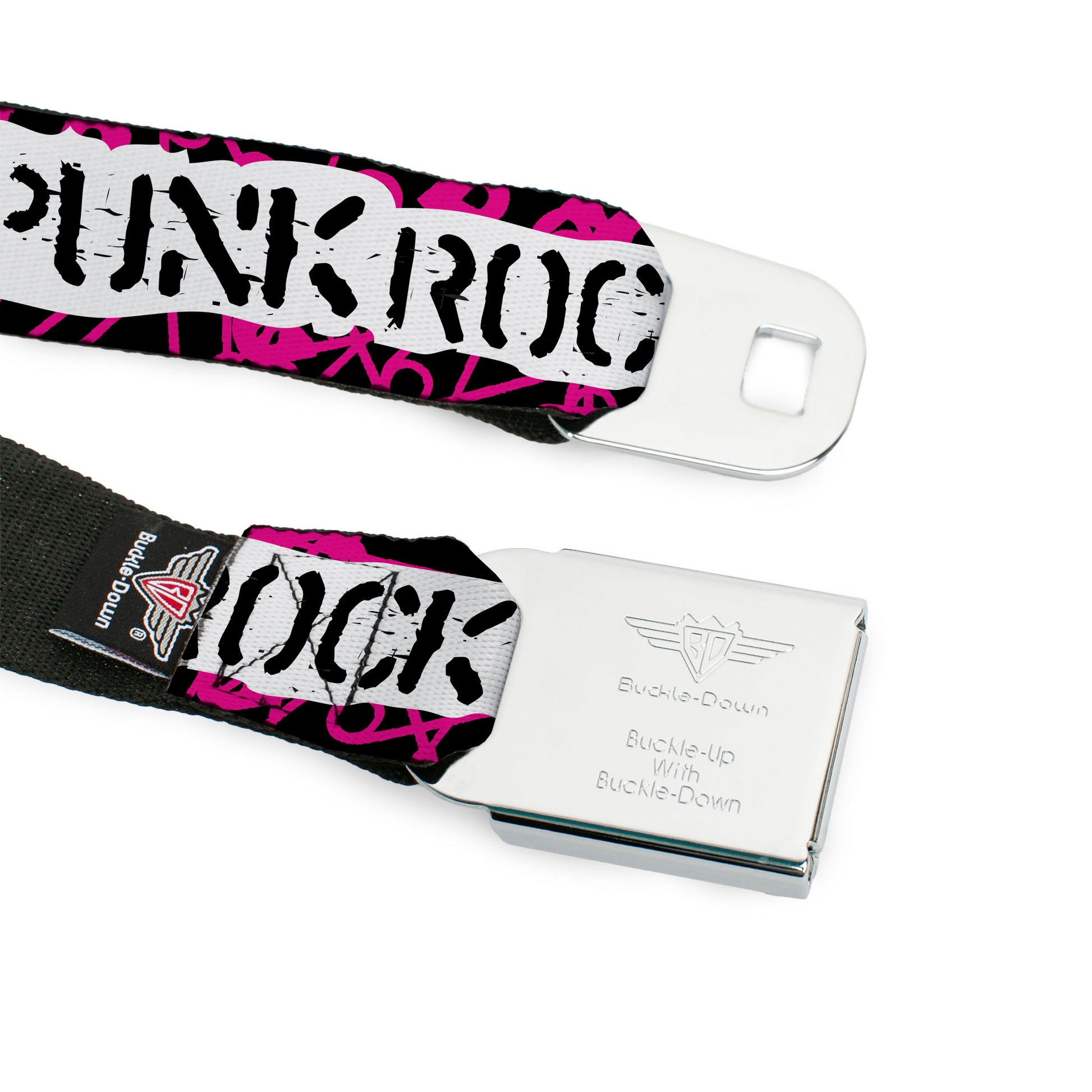 BD Wings Logo CLOSE-UP Full Color Black Silver Seatbelt Belt - I Heart Punk Rock w/Safety Pins Black/Fuchsia/White Webbing Seatbelt Belts Buckle-Down