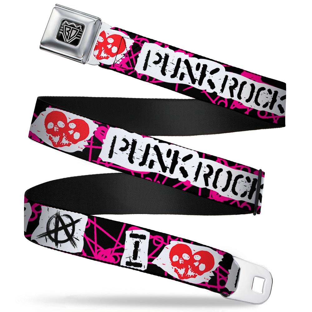 BD Wings Logo CLOSE-UP Full Color Black Silver Seatbelt Belt - I Heart Punk Rock w/Safety Pins Black/Fuchsia/White Webbing Seatbelt Belts Buckle-Down