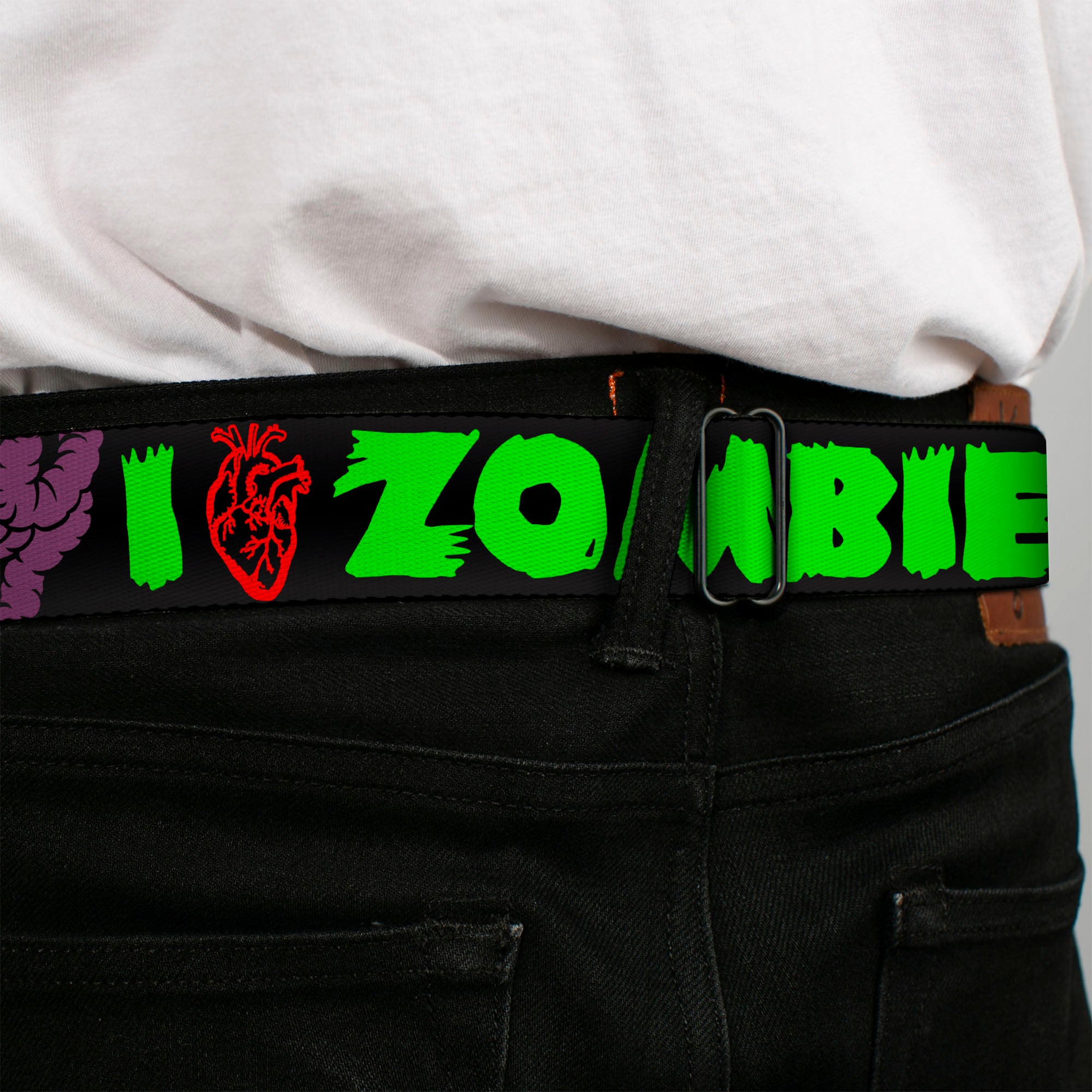 BD Wings Logo CLOSE-UP Full Color Black Silver Seatbelt Belt - I Heart Zombies Webbing Seatbelt Belts Buckle-Down