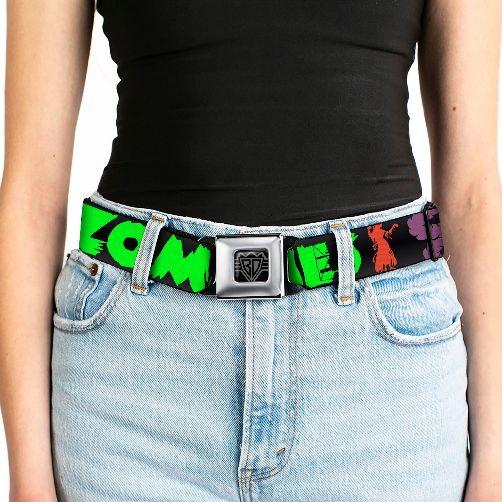 BD Wings Logo CLOSE-UP Full Color Black Silver Seatbelt Belt - I Heart Zombies Webbing Seatbelt Belts Buckle-Down