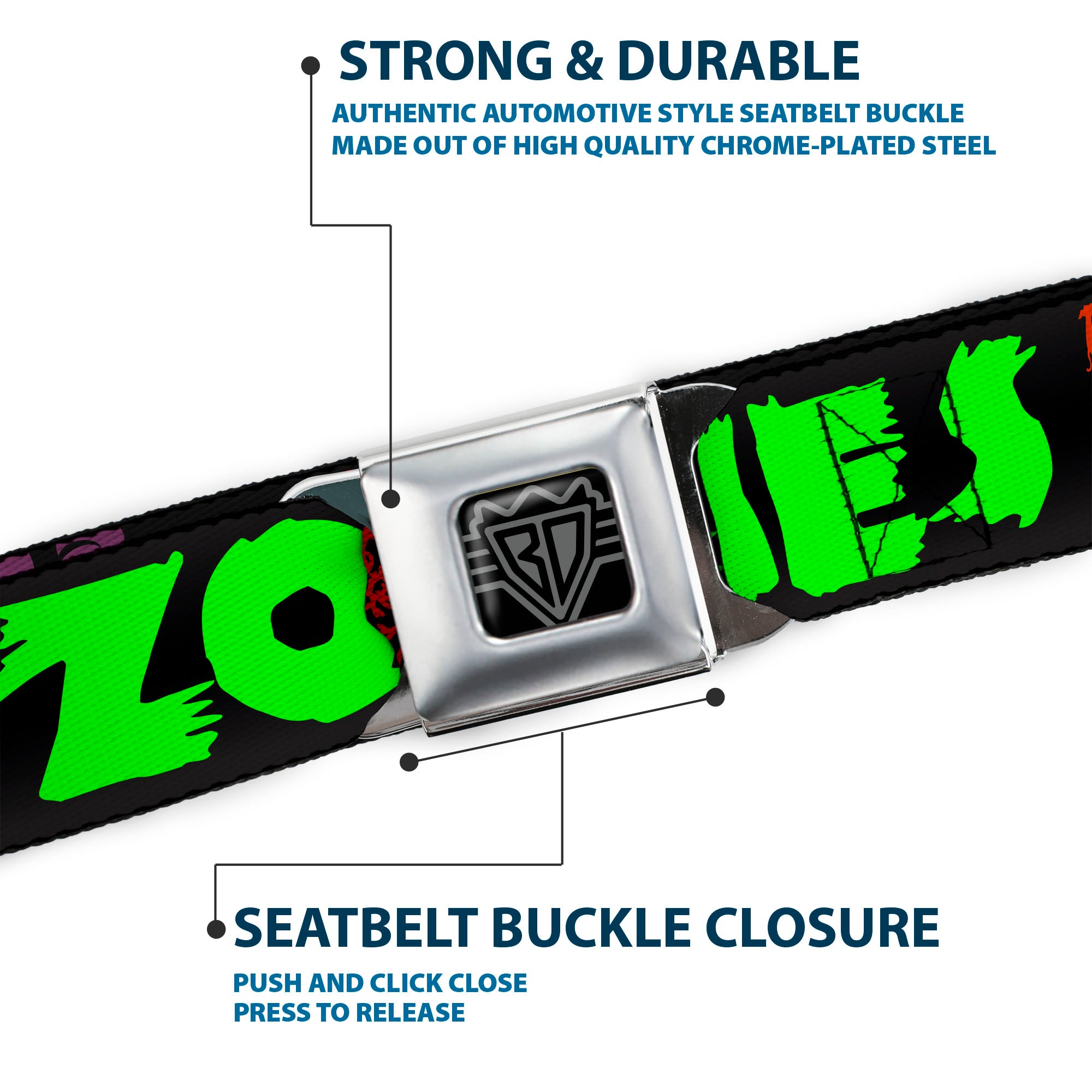 BD Wings Logo CLOSE-UP Full Color Black Silver Seatbelt Belt - I Heart Zombies Webbing Seatbelt Belts Buckle-Down