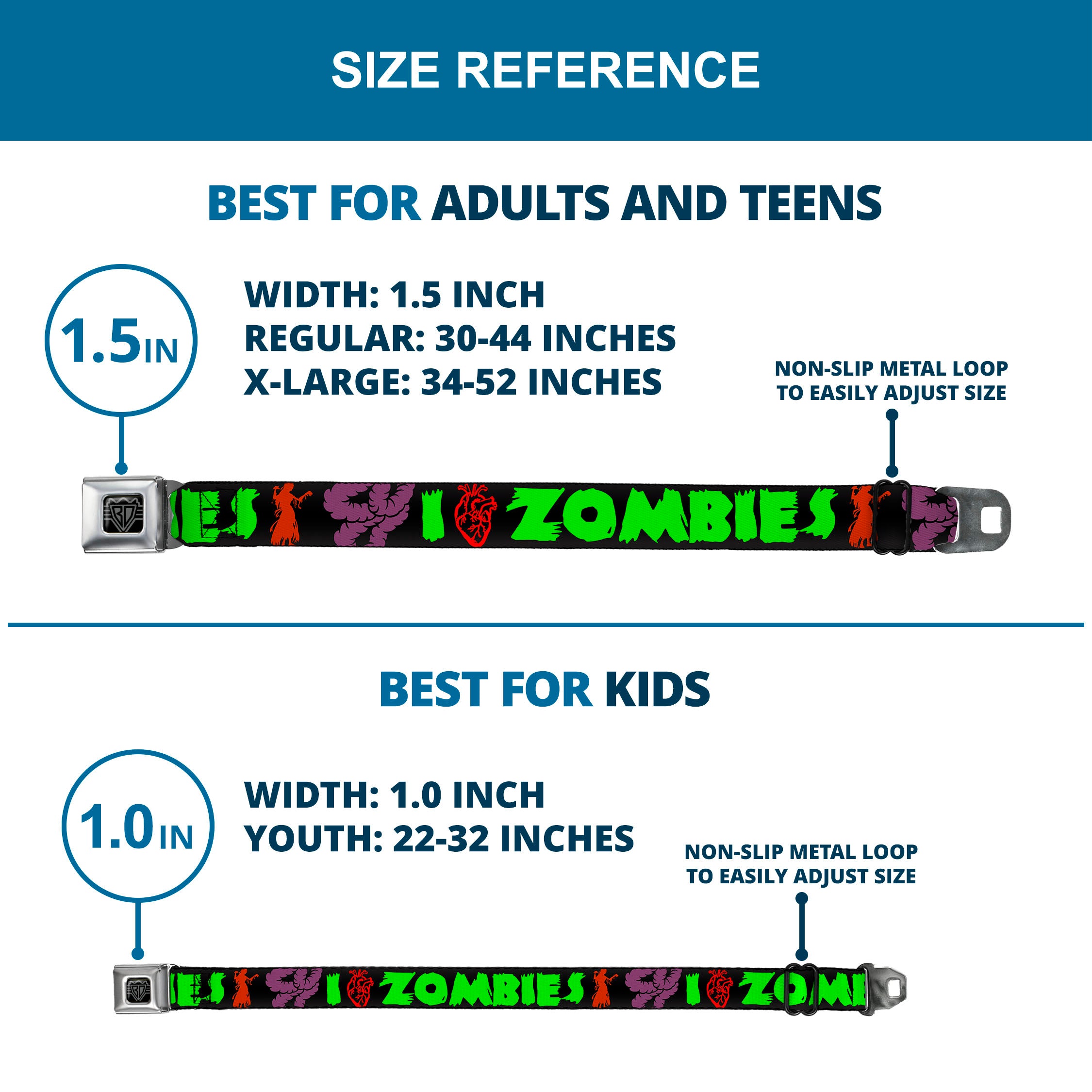 BD Wings Logo CLOSE-UP Full Color Black Silver Seatbelt Belt - I Heart Zombies Webbing Seatbelt Belts Buckle-Down