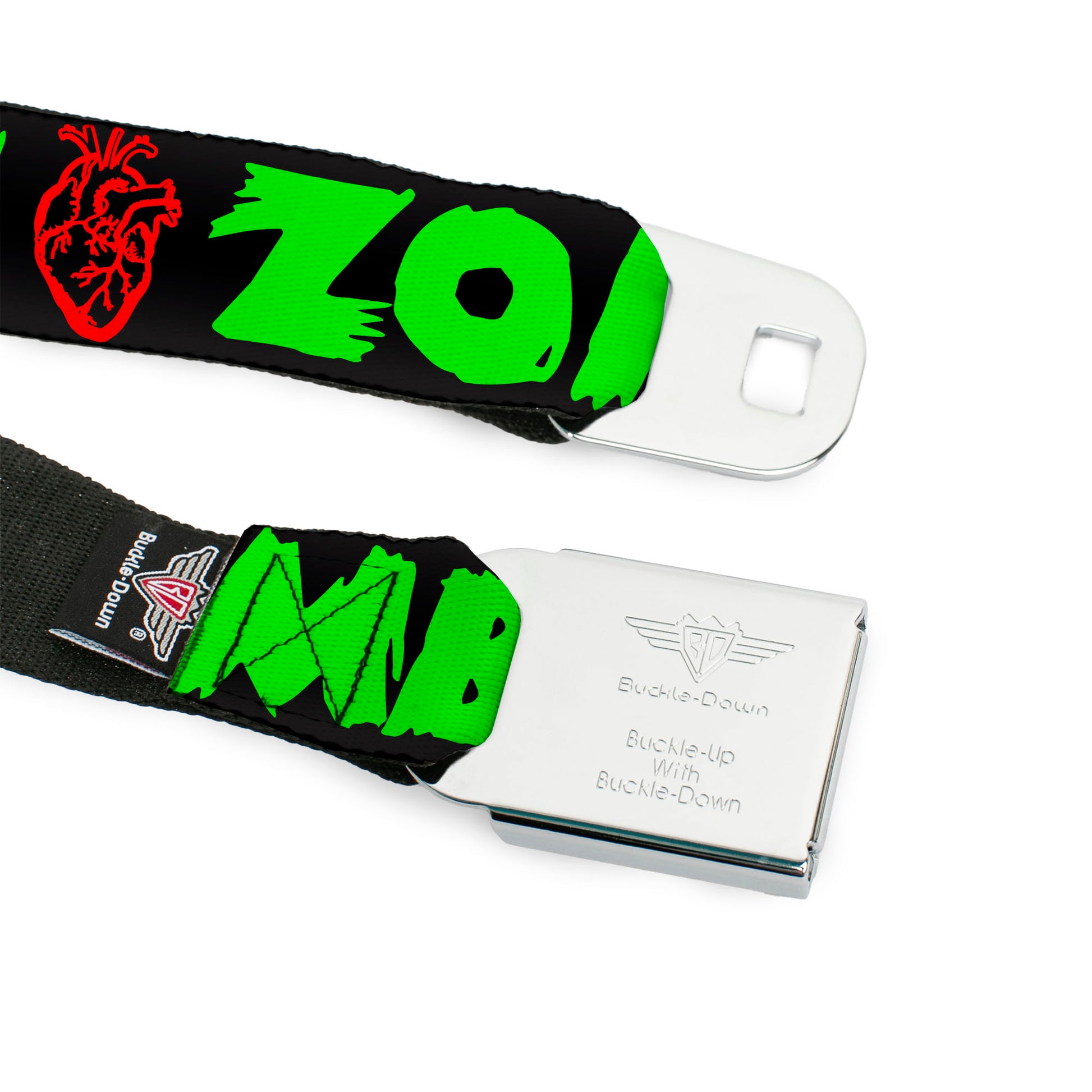 BD Wings Logo CLOSE-UP Full Color Black Silver Seatbelt Belt - I Heart Zombies Webbing Seatbelt Belts Buckle-Down
