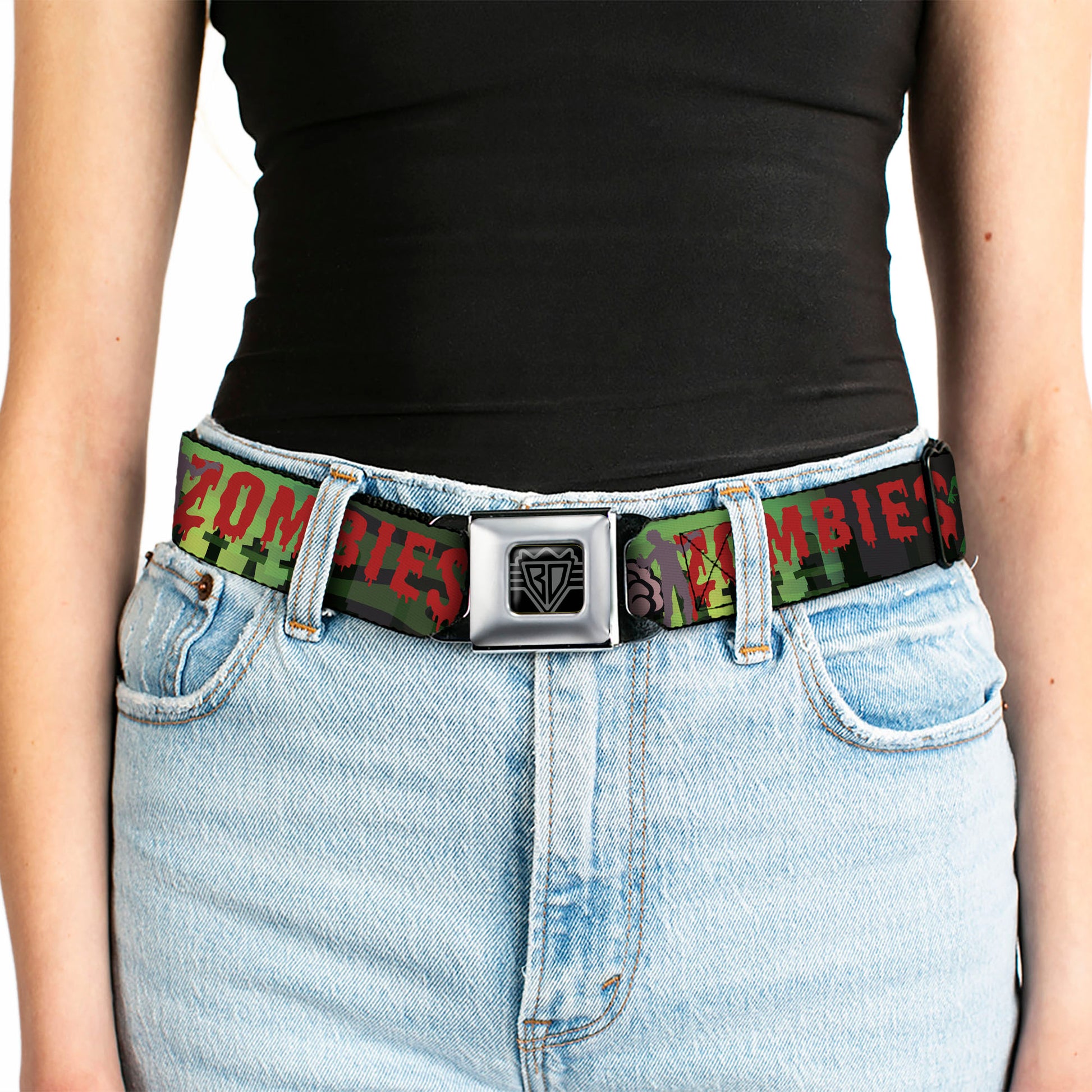 BD Wings Logo CLOSE-UP Full Color Black Silver Seatbelt Belt - I "Brain" ZOMBIES Webbing Seatbelt Belts Buckle-Down