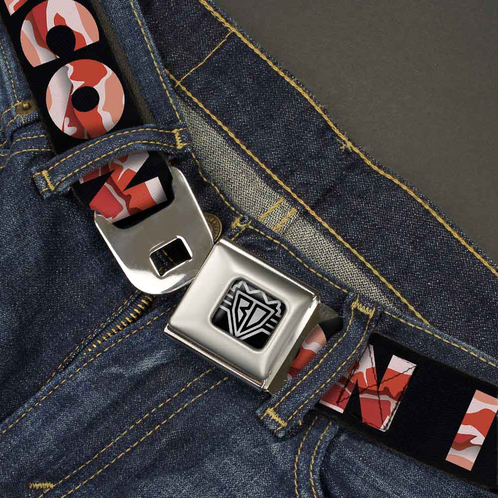 BD Wings Logo CLOSE-UP Full Color Black Silver Seatbelt Belt - I "Heart" BACON Black/Bacon Webbing Seatbelt Belts Buckle-Down