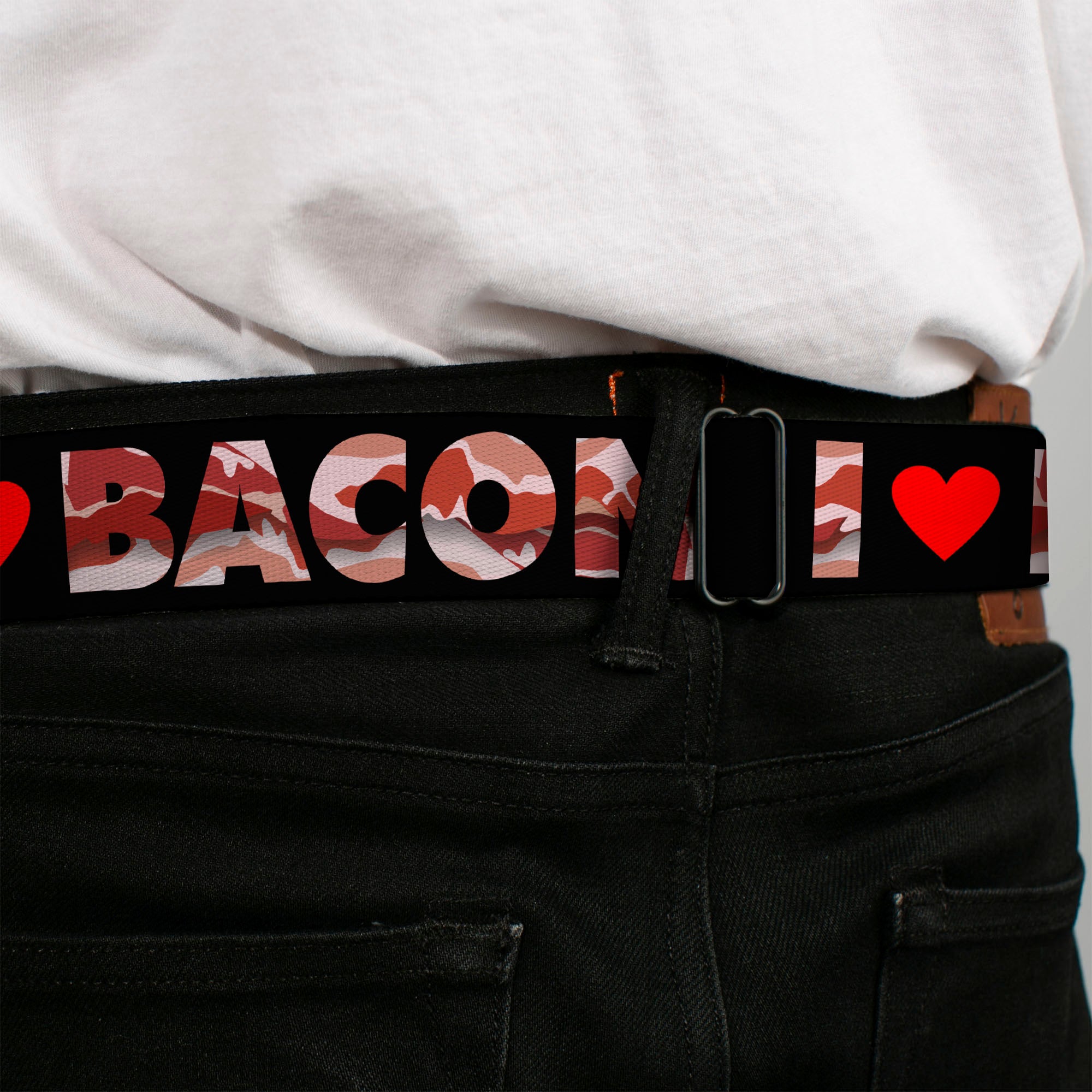 BD Wings Logo CLOSE-UP Full Color Black Silver Seatbelt Belt - I "Heart" BACON Black/Bacon Webbing Seatbelt Belts Buckle-Down