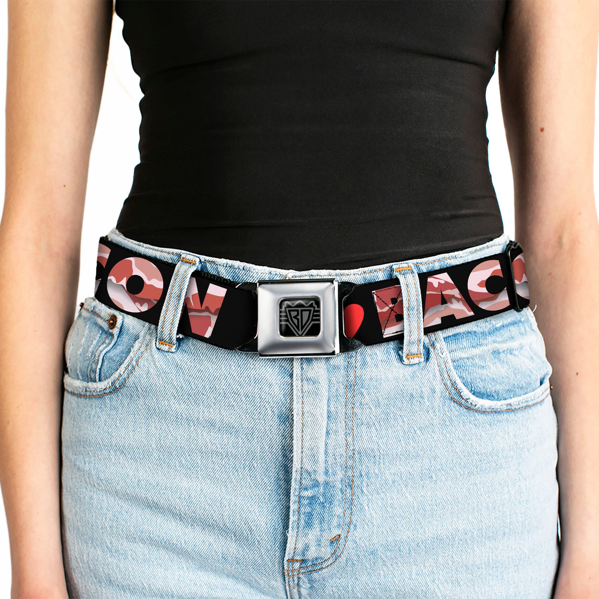 BD Wings Logo CLOSE-UP Full Color Black Silver Seatbelt Belt - I "Heart" BACON Black/Bacon Webbing Seatbelt Belts Buckle-Down