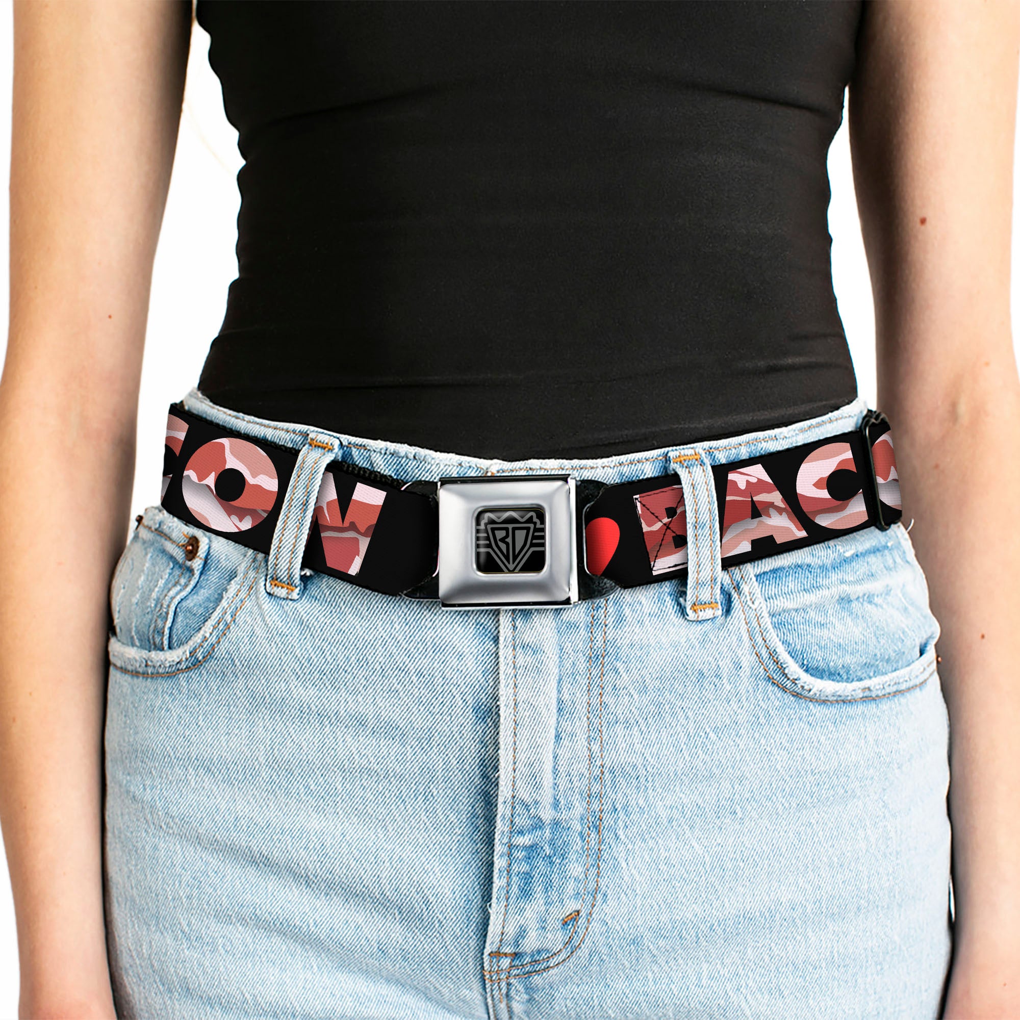 BD Wings Logo CLOSE-UP Full Color Black Silver Seatbelt Belt - I "Heart" BACON Black/Bacon Webbing Seatbelt Belts Buckle-Down
