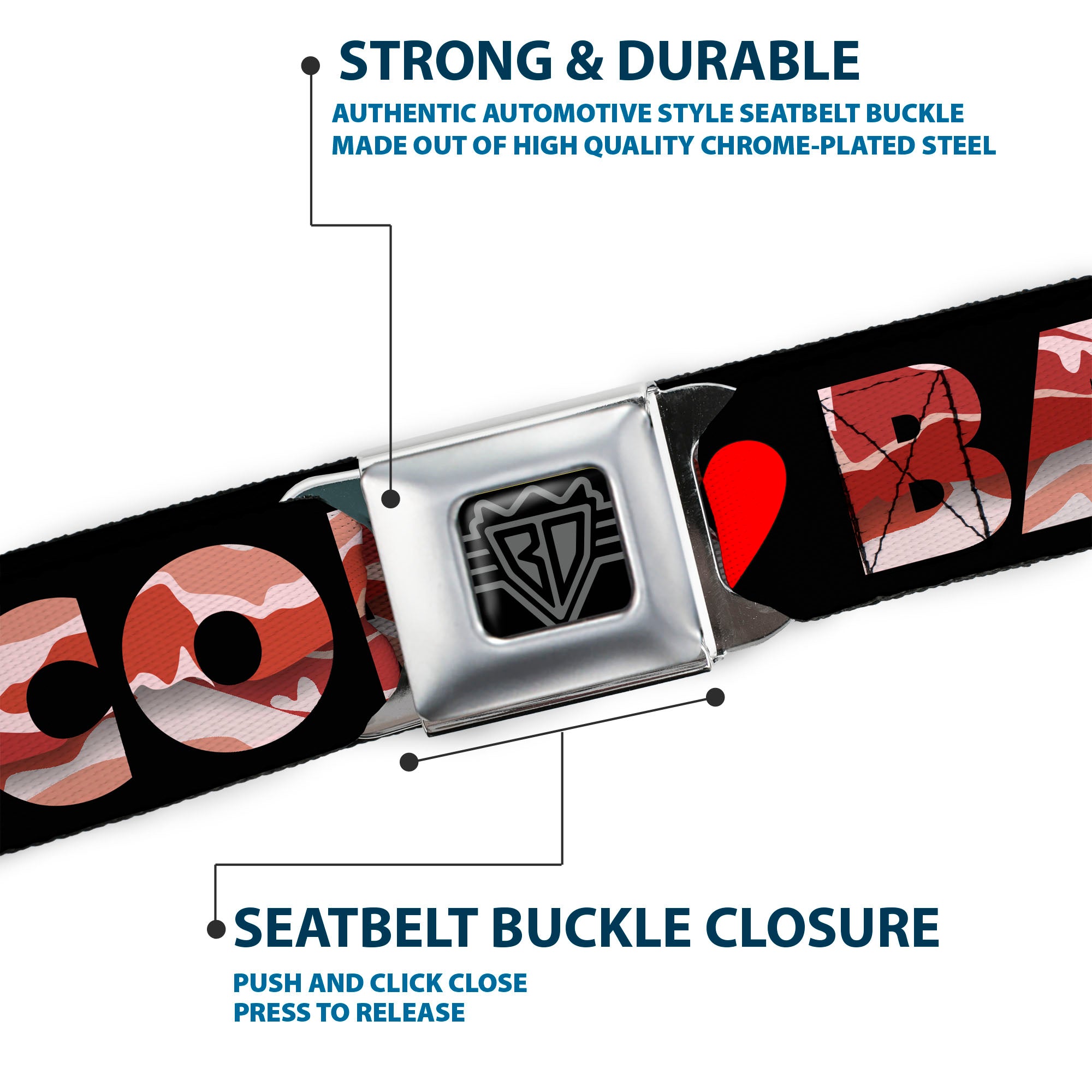 BD Wings Logo CLOSE-UP Full Color Black Silver Seatbelt Belt - I "Heart" BACON Black/Bacon Webbing Seatbelt Belts Buckle-Down