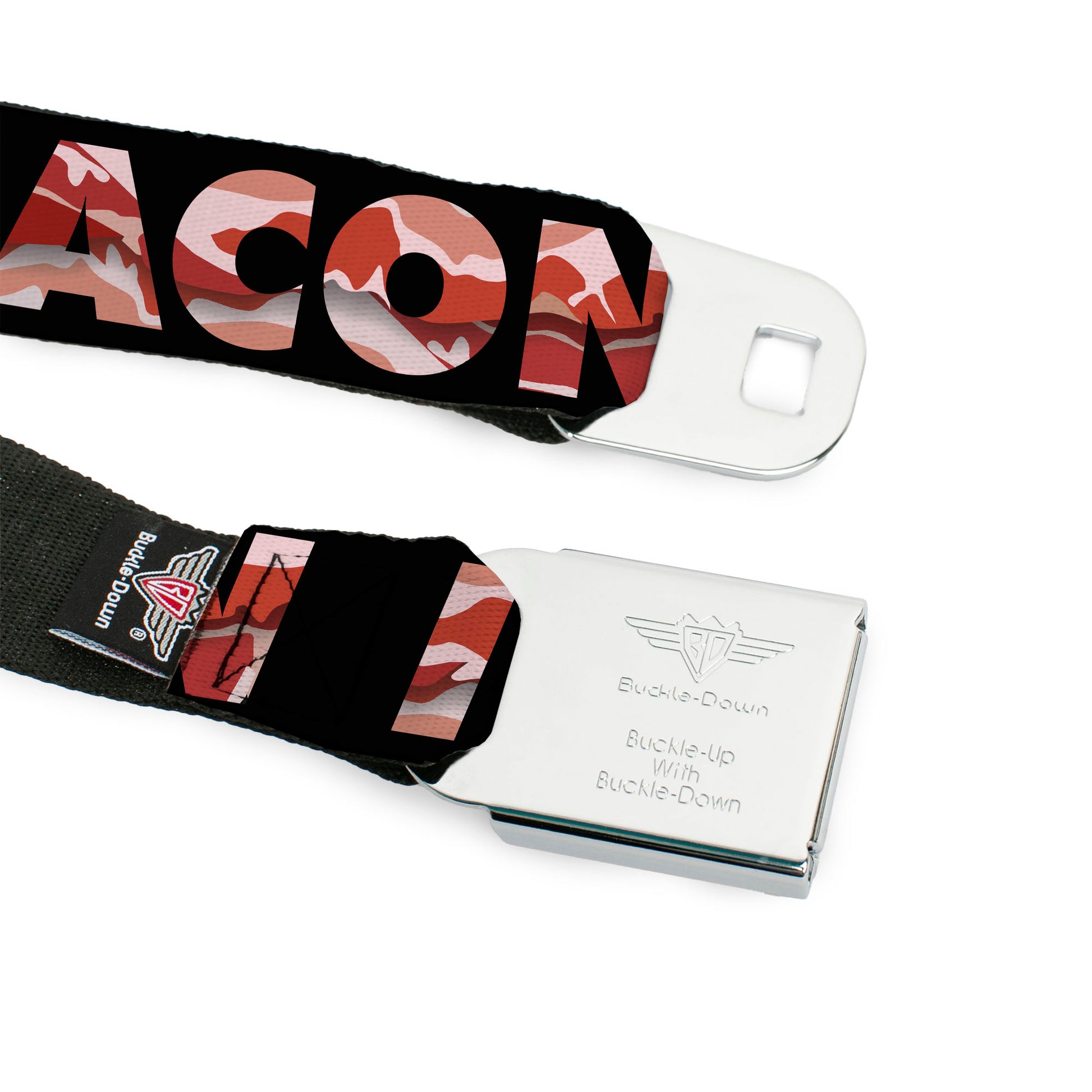 BD Wings Logo CLOSE-UP Full Color Black Silver Seatbelt Belt - I "Heart" BACON Black/Bacon Webbing Seatbelt Belts Buckle-Down