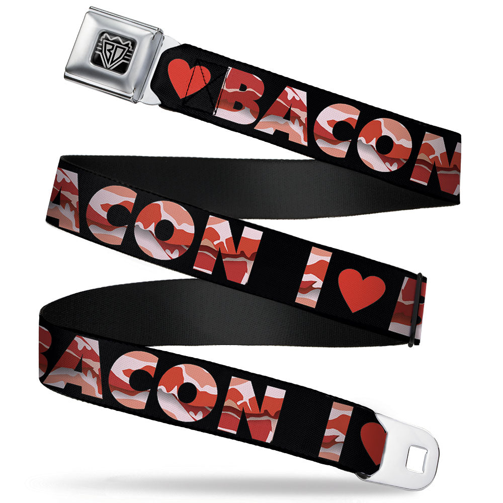 BD Wings Logo CLOSE-UP Full Color Black Silver Seatbelt Belt - I "Heart" BACON Black/Bacon Webbing Seatbelt Belts Buckle-Down