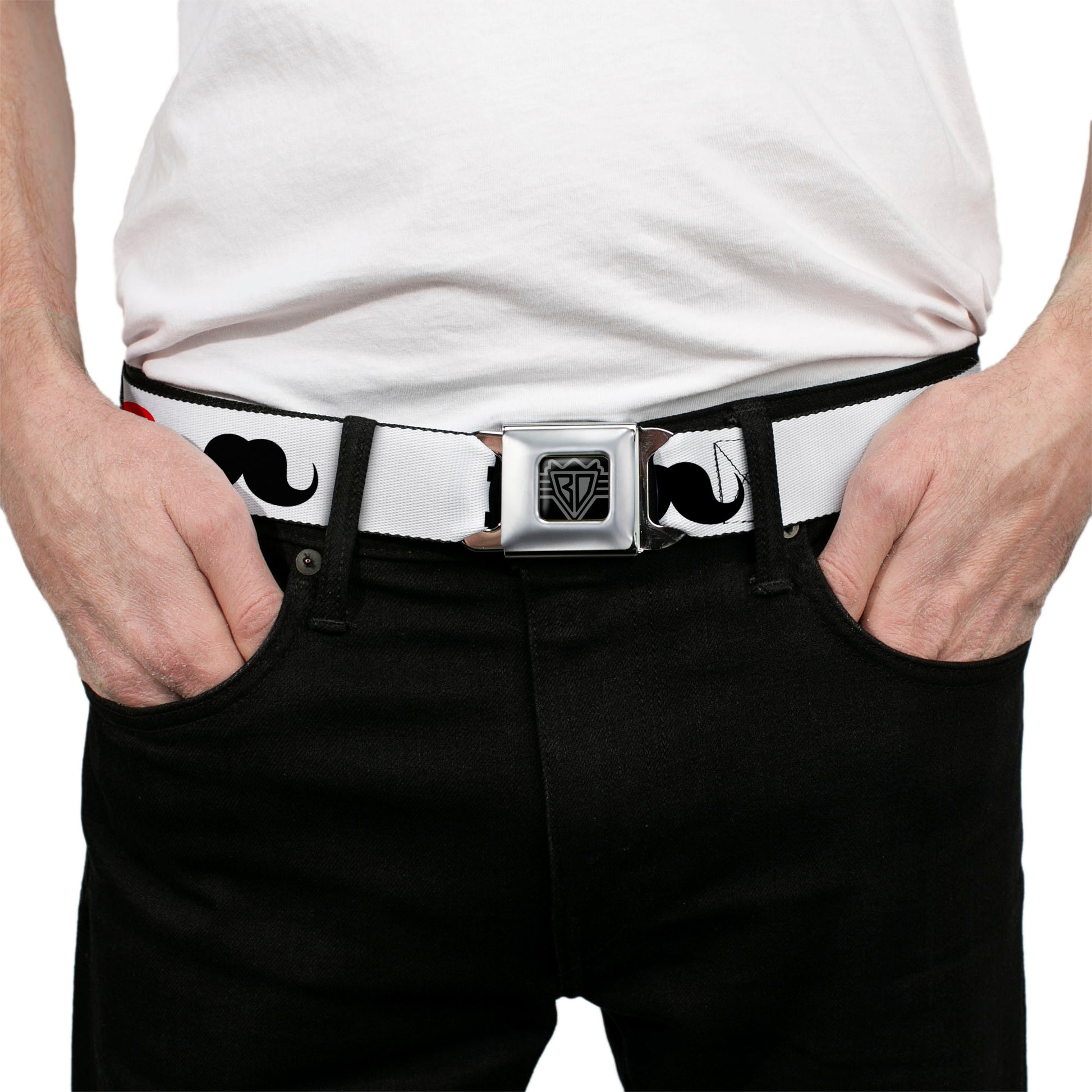 BD Wings Logo CLOSE-UP Full Color Black Silver Seatbelt Belt - I "Heart Mustache" White/Black/Red Webbing Seatbelt Belts Buckle-Down
