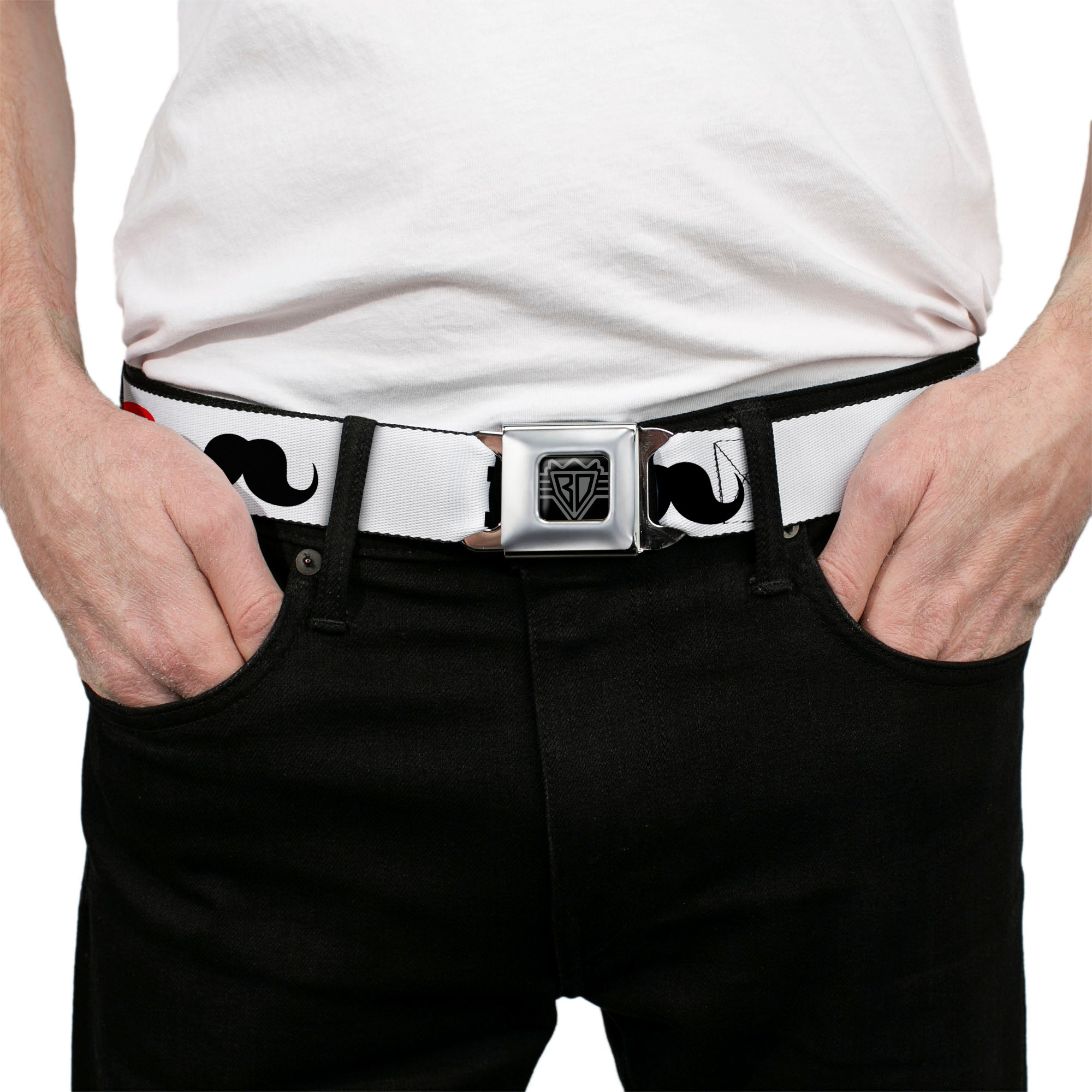 BD Wings Logo CLOSE-UP Full Color Black Silver Seatbelt Belt - I "Heart Mustache" White/Black/Red Webbing Seatbelt Belts Buckle-Down