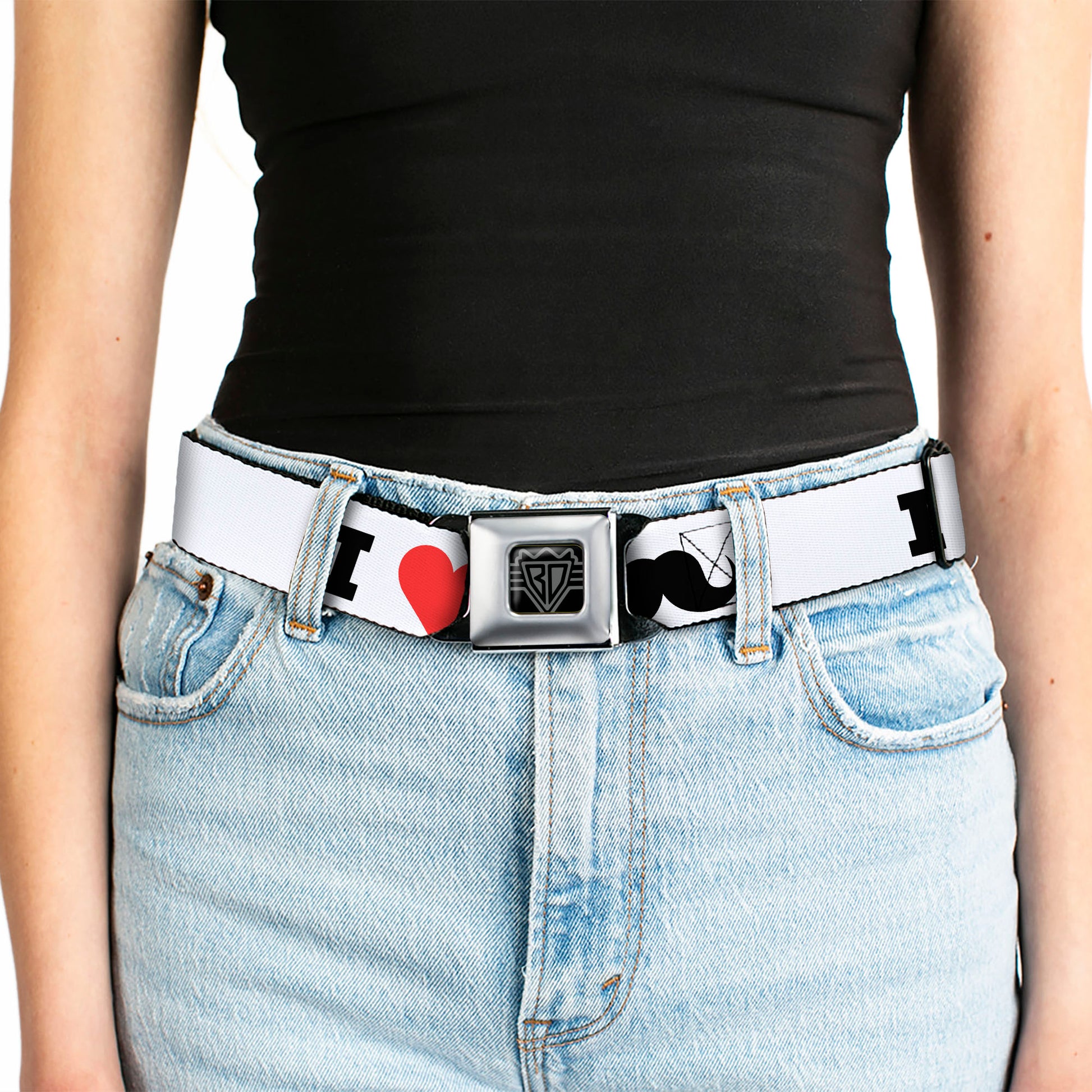 BD Wings Logo CLOSE-UP Full Color Black Silver Seatbelt Belt - I "Heart Mustache" White/Black/Red Webbing Seatbelt Belts Buckle-Down