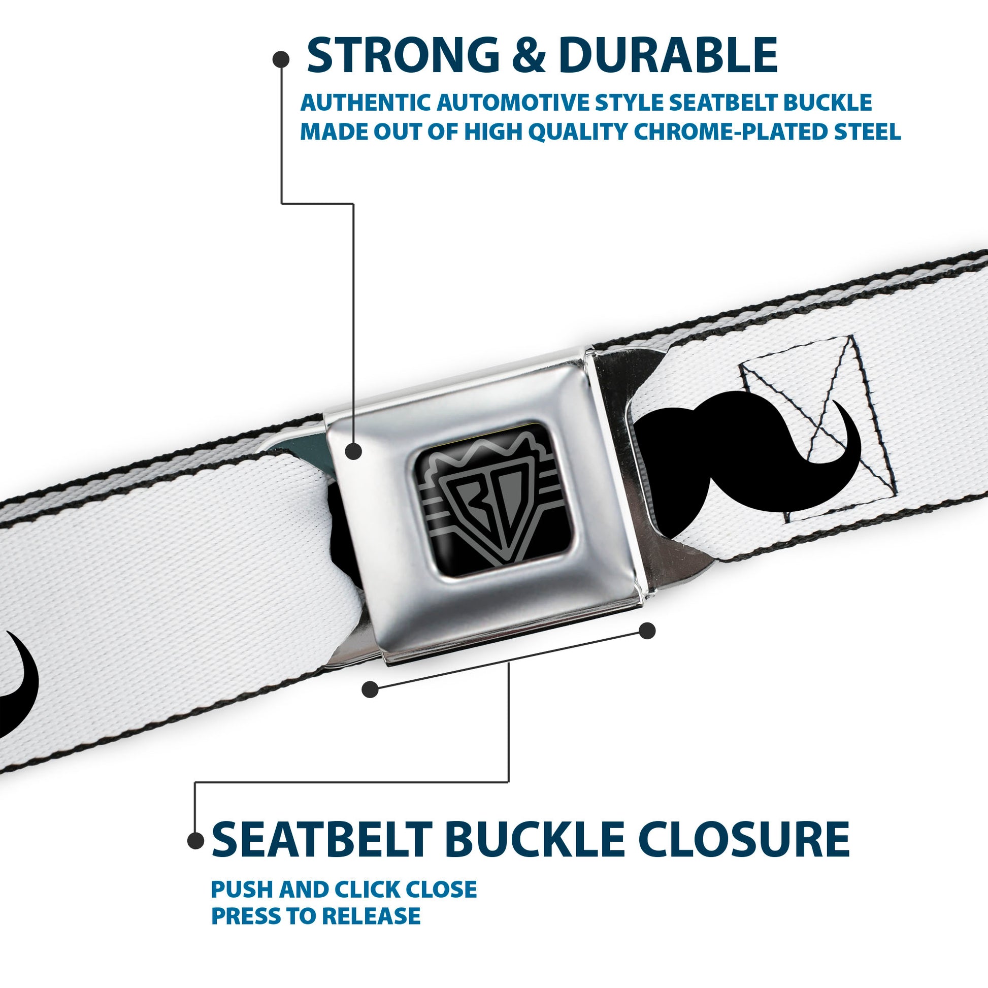 BD Wings Logo CLOSE-UP Full Color Black Silver Seatbelt Belt - I "Heart Mustache" White/Black/Red Webbing Seatbelt Belts Buckle-Down