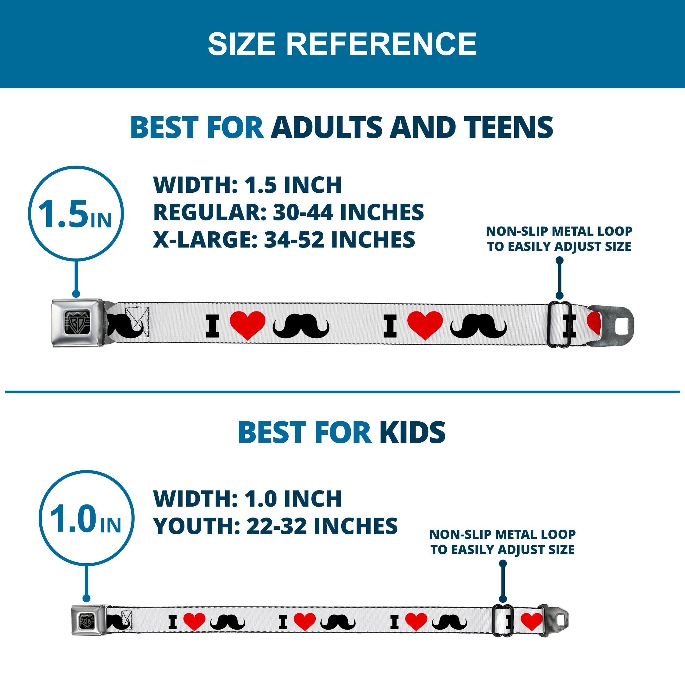 BD Wings Logo CLOSE-UP Full Color Black Silver Seatbelt Belt - I "Heart Mustache" White/Black/Red Webbing Seatbelt Belts Buckle-Down