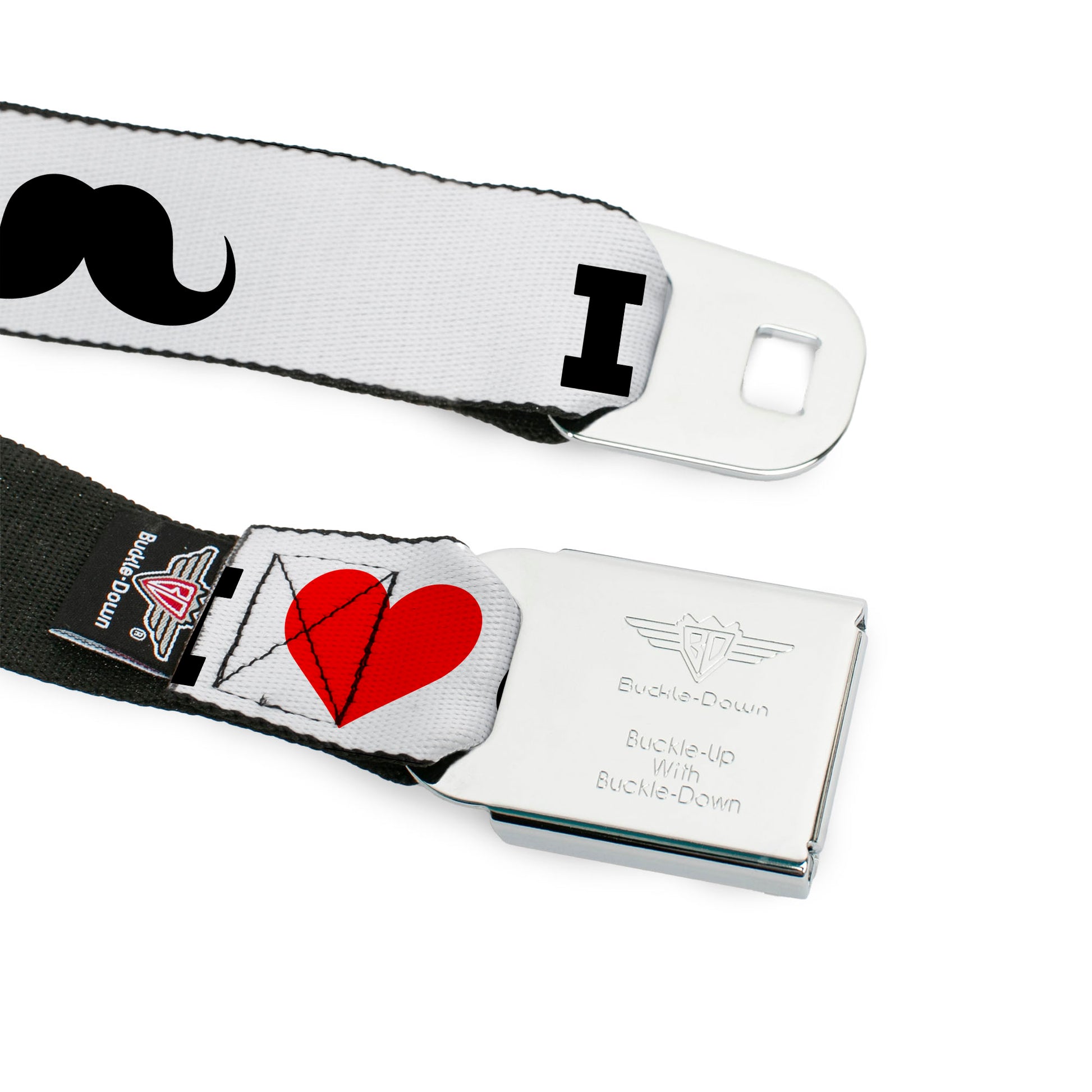 BD Wings Logo CLOSE-UP Full Color Black Silver Seatbelt Belt - I "Heart Mustache" White/Black/Red Webbing Seatbelt Belts Buckle-Down