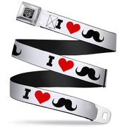 BD Wings Logo CLOSE-UP Full Color Black Silver Seatbelt Belt - I "Heart Mustache" White/Black/Red Webbing Seatbelt Belts Buckle-Down