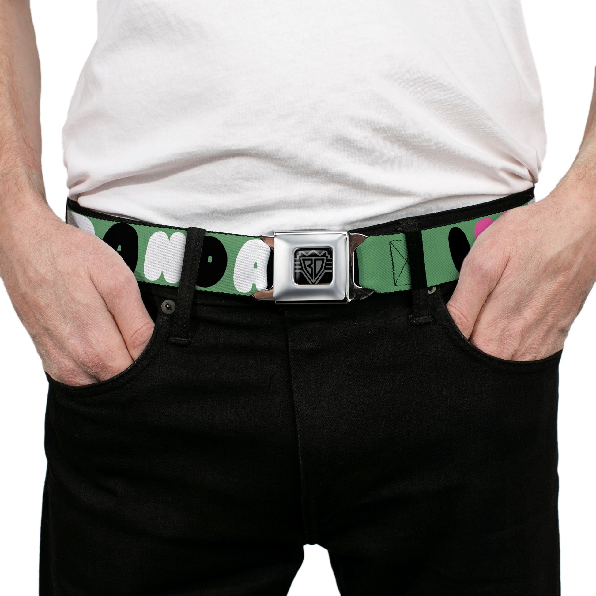 BD Wings Logo CLOSE-UP Full Color Black Silver Seatbelt Belt - I "Heart" PANDAS Green/White/Black/Pink Webbing Seatbelt Belts Buckle-Down