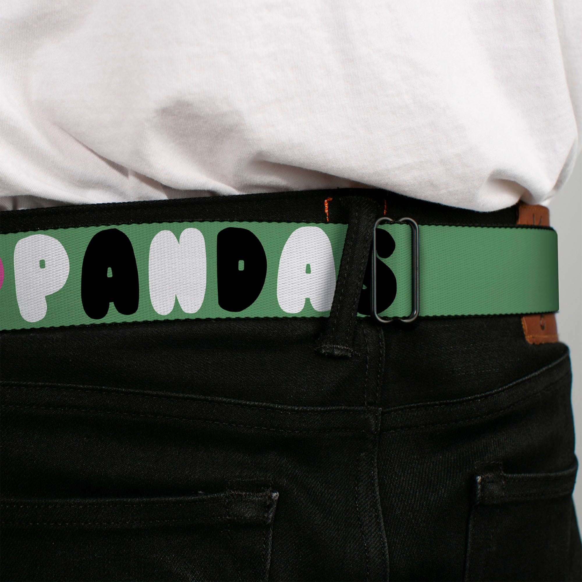 BD Wings Logo CLOSE-UP Full Color Black Silver Seatbelt Belt - I "Heart" PANDAS Green/White/Black/Pink Webbing Seatbelt Belts Buckle-Down