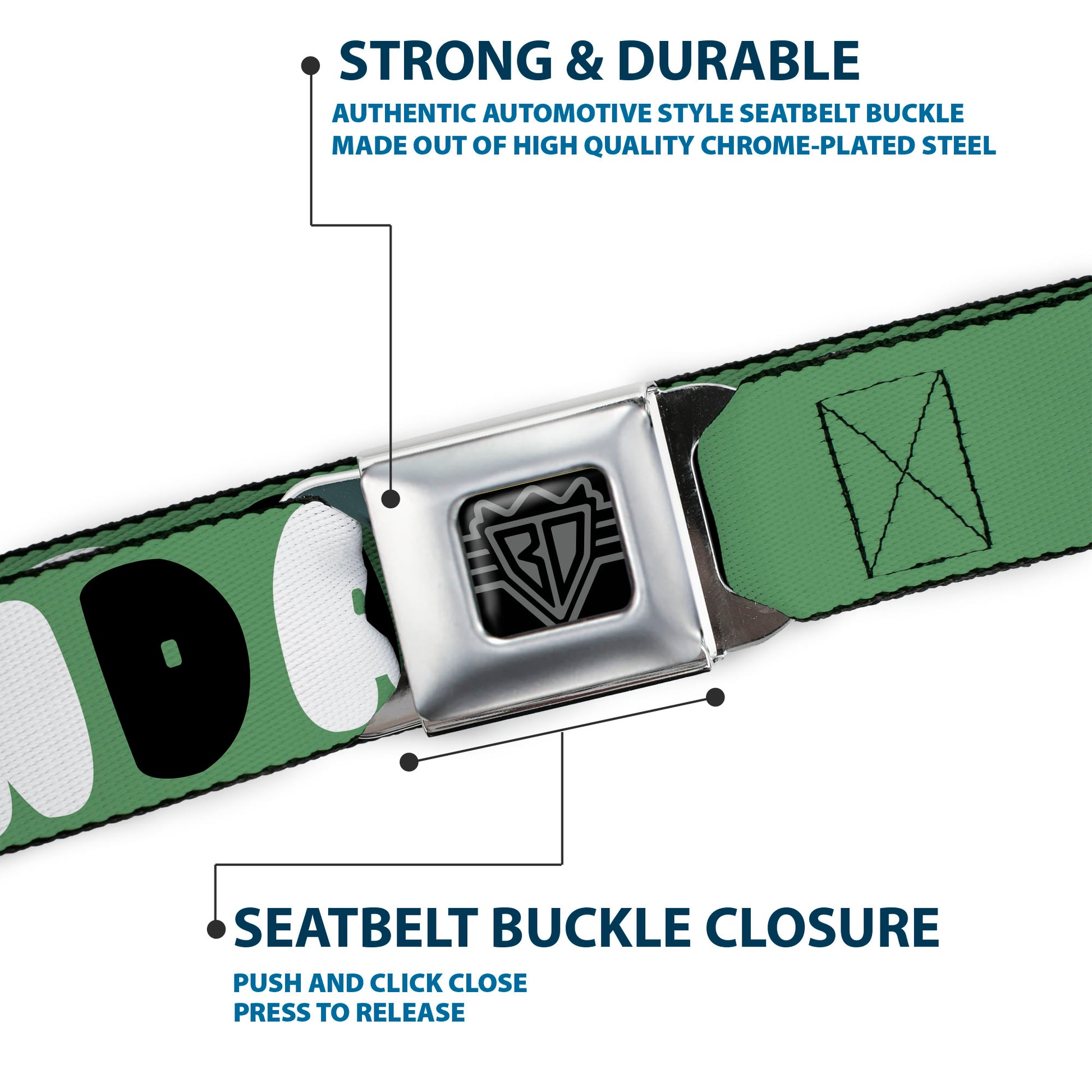 BD Wings Logo CLOSE-UP Full Color Black Silver Seatbelt Belt - I "Heart" PANDAS Green/White/Black/Pink Webbing Seatbelt Belts Buckle-Down