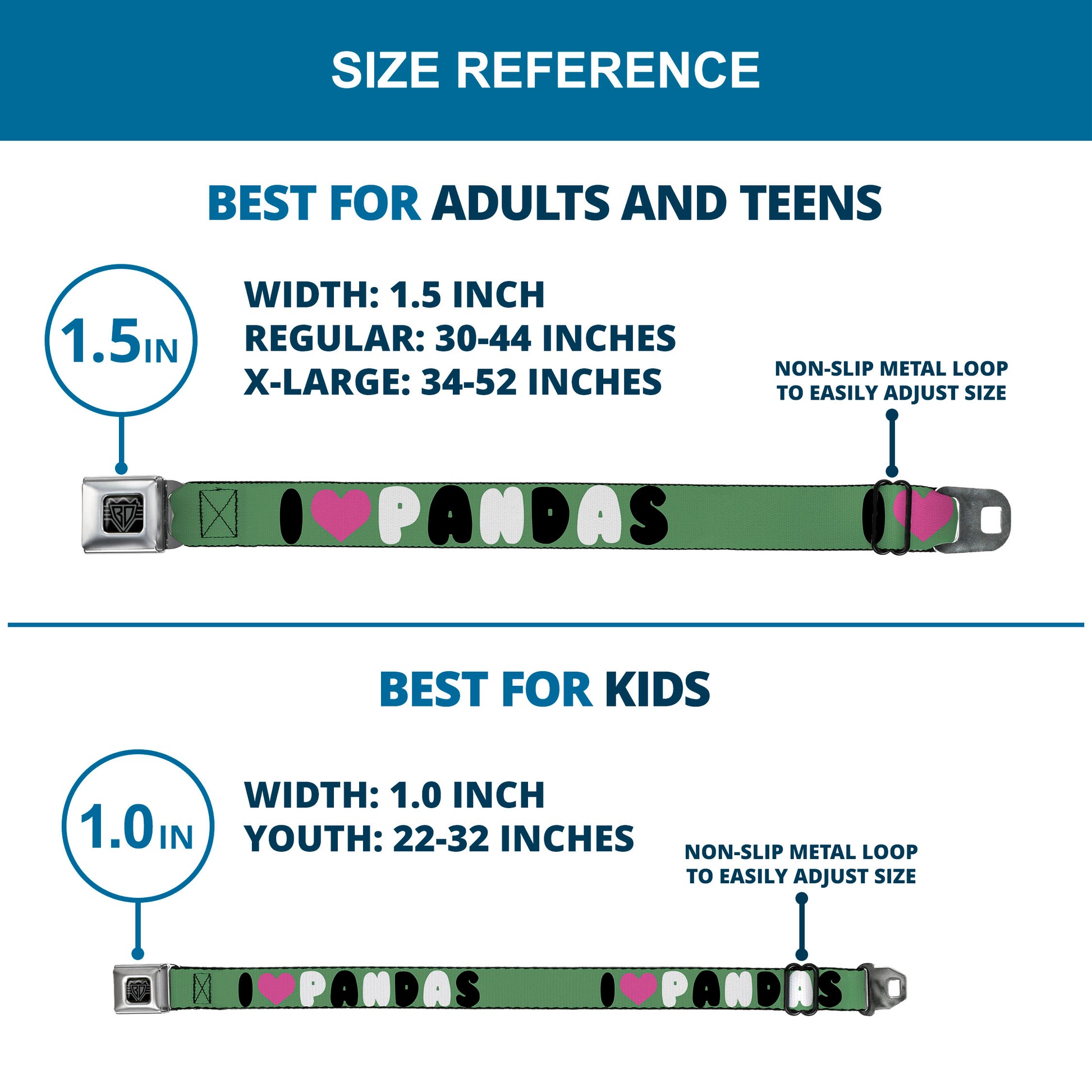 BD Wings Logo CLOSE-UP Full Color Black Silver Seatbelt Belt - I "Heart" PANDAS Green/White/Black/Pink Webbing Seatbelt Belts Buckle-Down