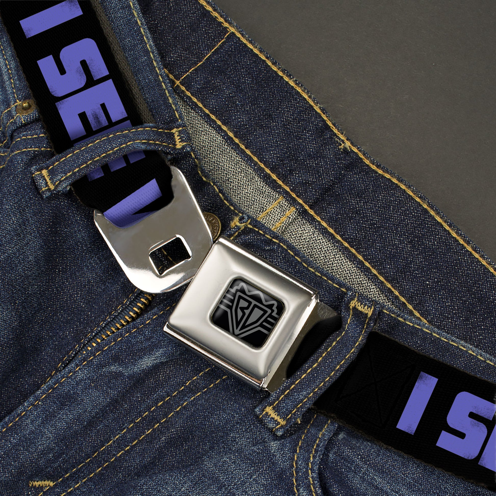 BD Wings Logo CLOSE-UP Full Color Black Silver Seatbelt Belt - I SEE WHAT YOU DID THERE Weathered Black/Purple Webbing Seatbelt Belts Buckle-Down