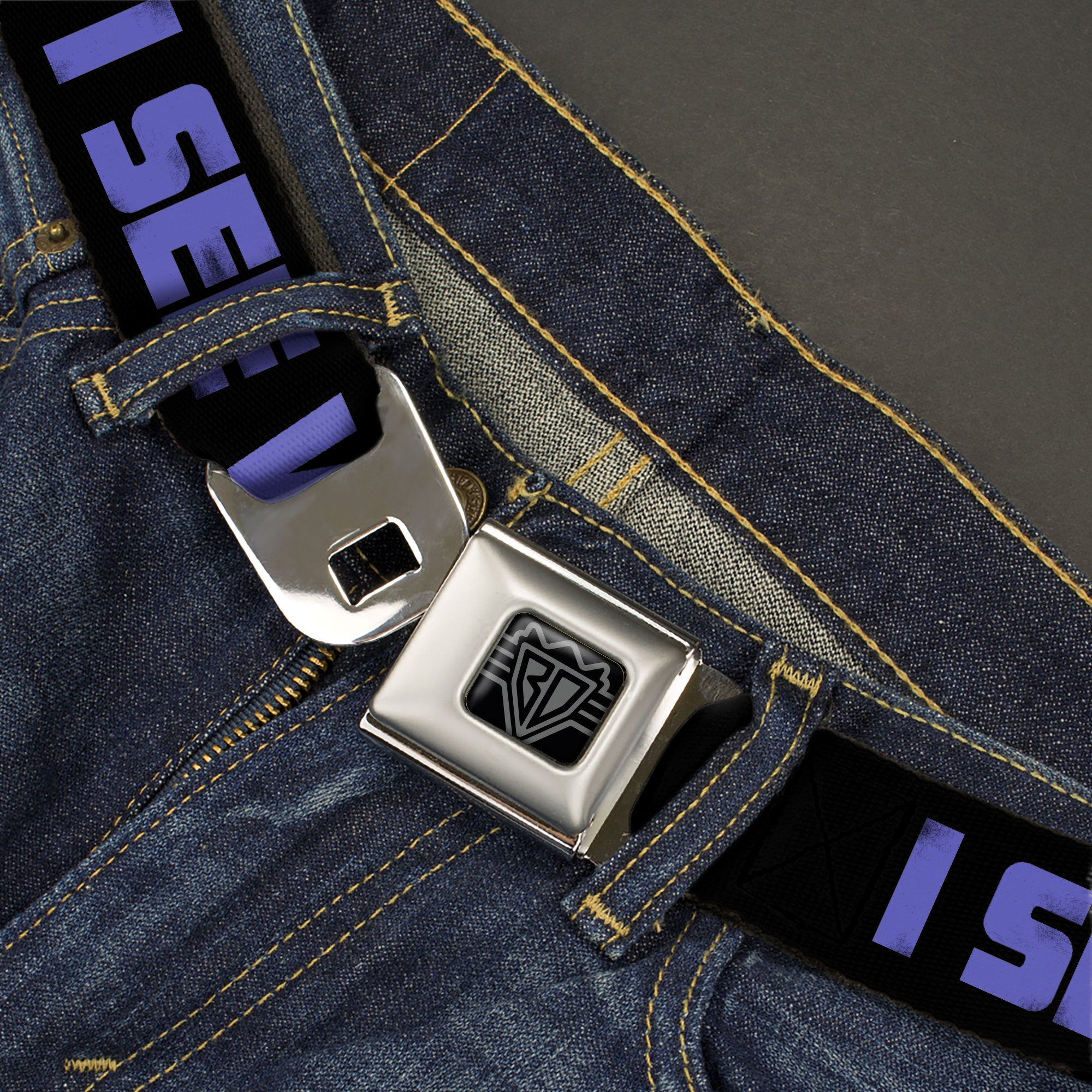 BD Wings Logo CLOSE-UP Full Color Black Silver Seatbelt Belt - I SEE WHAT YOU DID THERE Weathered Black/Purple Webbing Seatbelt Belts Buckle-Down