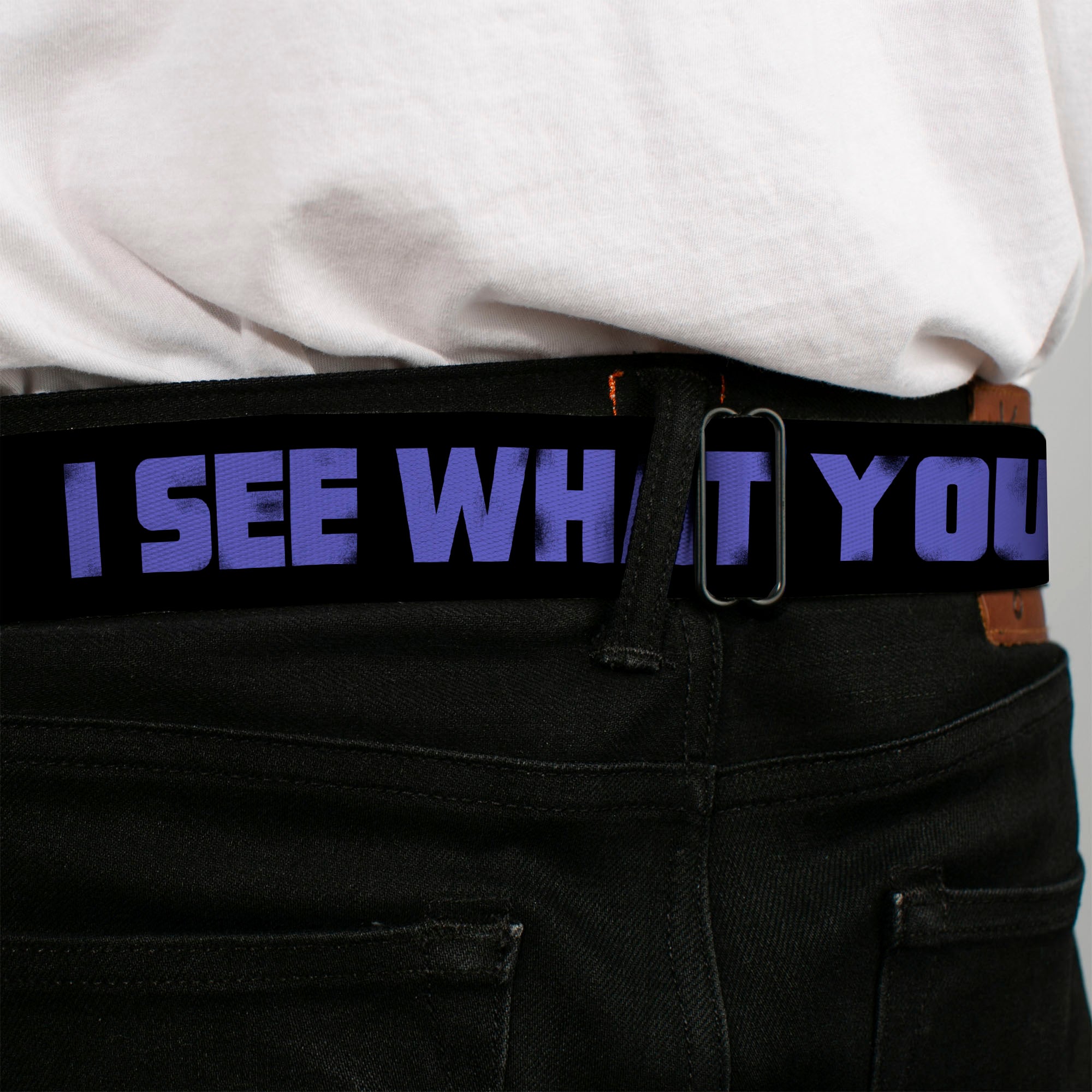 BD Wings Logo CLOSE-UP Full Color Black Silver Seatbelt Belt - I SEE WHAT YOU DID THERE Weathered Black/Purple Webbing Seatbelt Belts Buckle-Down