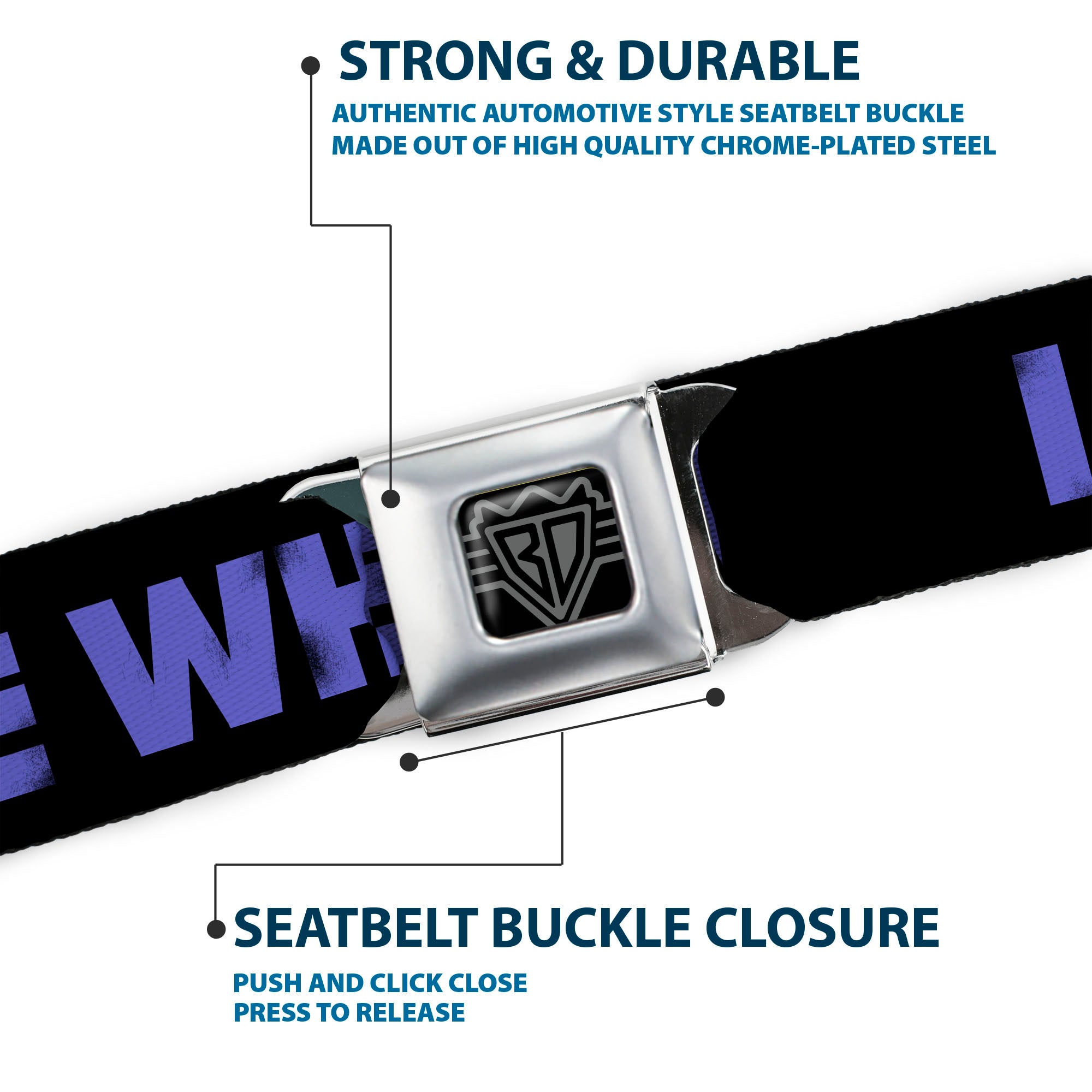 BD Wings Logo CLOSE-UP Full Color Black Silver Seatbelt Belt - I SEE WHAT YOU DID THERE Weathered Black/Purple Webbing Seatbelt Belts Buckle-Down