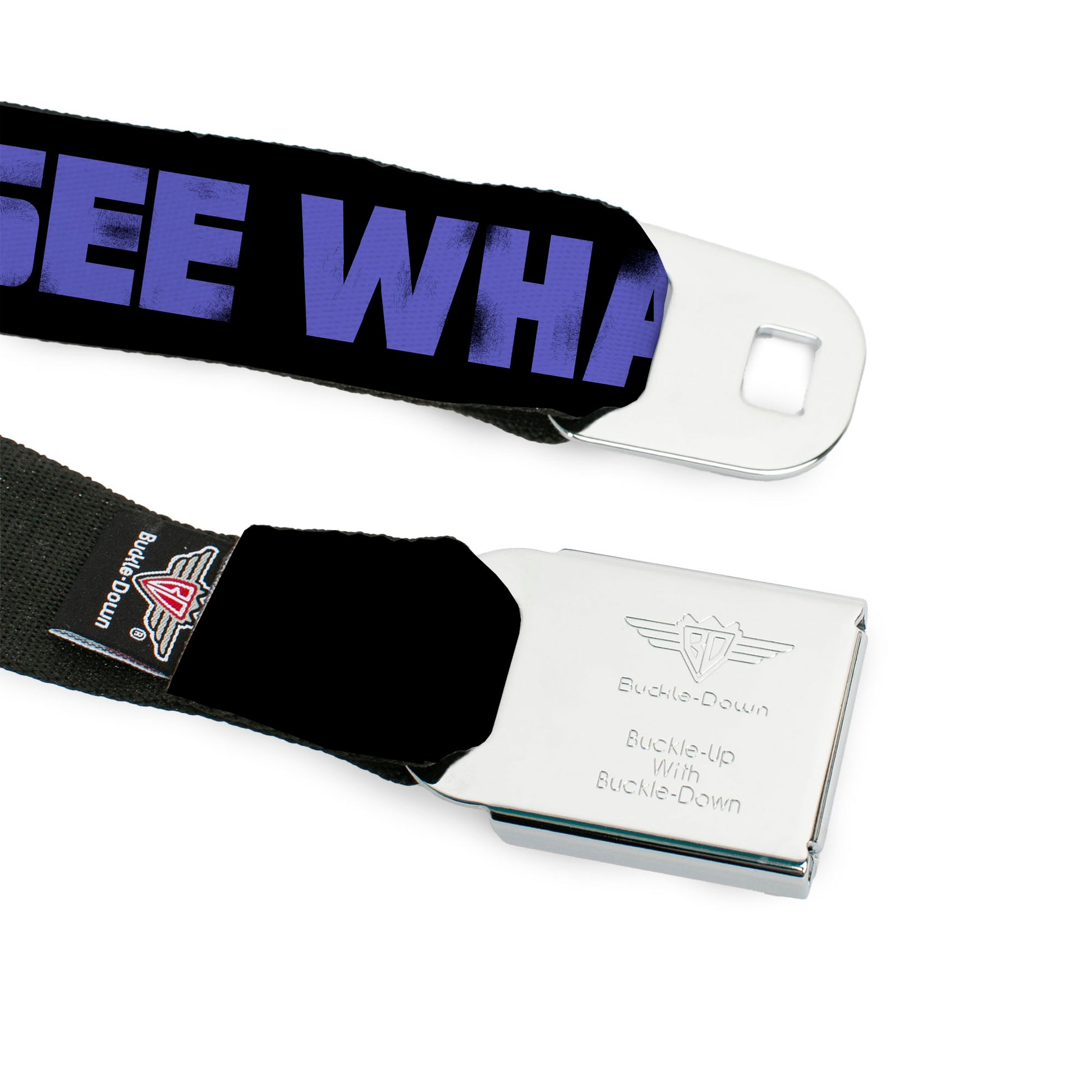 BD Wings Logo CLOSE-UP Full Color Black Silver Seatbelt Belt - I SEE WHAT YOU DID THERE Weathered Black/Purple Webbing Seatbelt Belts Buckle-Down