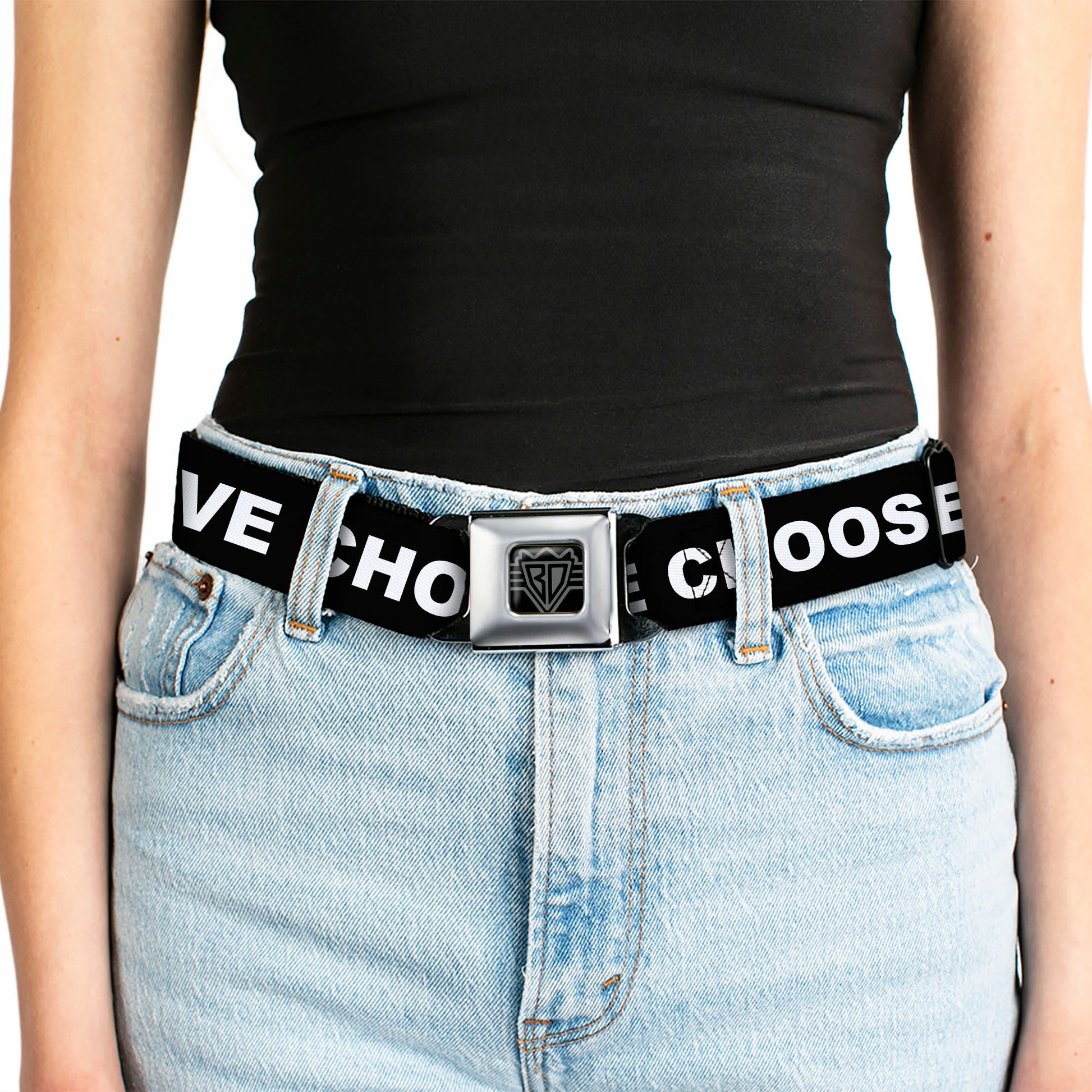 BD Wings Logo CLOSE-UP Full Color Black Silver Seatbelt Belt - I LOVE YOU BUT I'VE CHOSEN DUBSTEP Black/White/Red Webbing Seatbelt Belts Buckle-Down