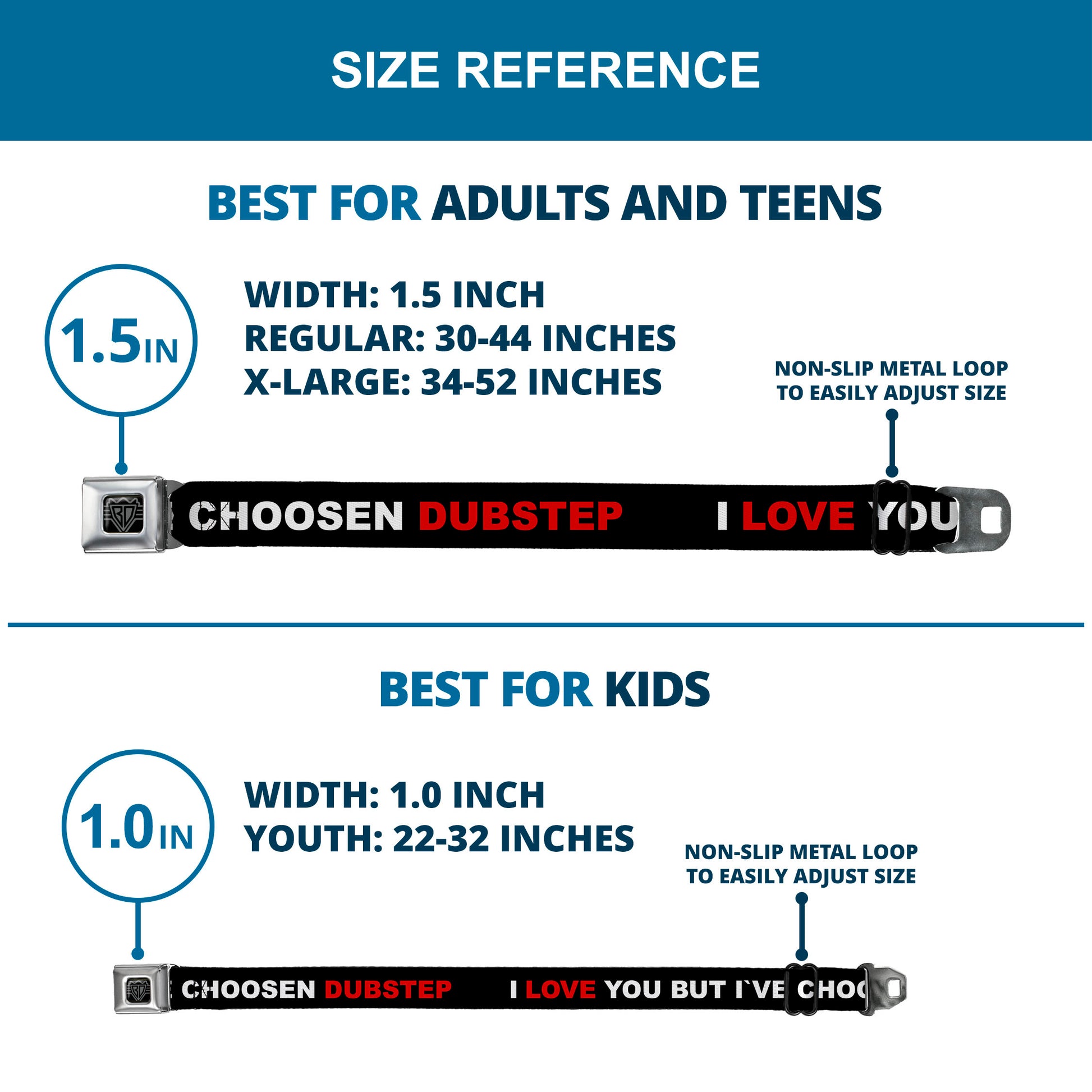 BD Wings Logo CLOSE-UP Full Color Black Silver Seatbelt Belt - I LOVE YOU BUT I'VE CHOSEN DUBSTEP Black/White/Red Webbing Seatbelt Belts Buckle-Down