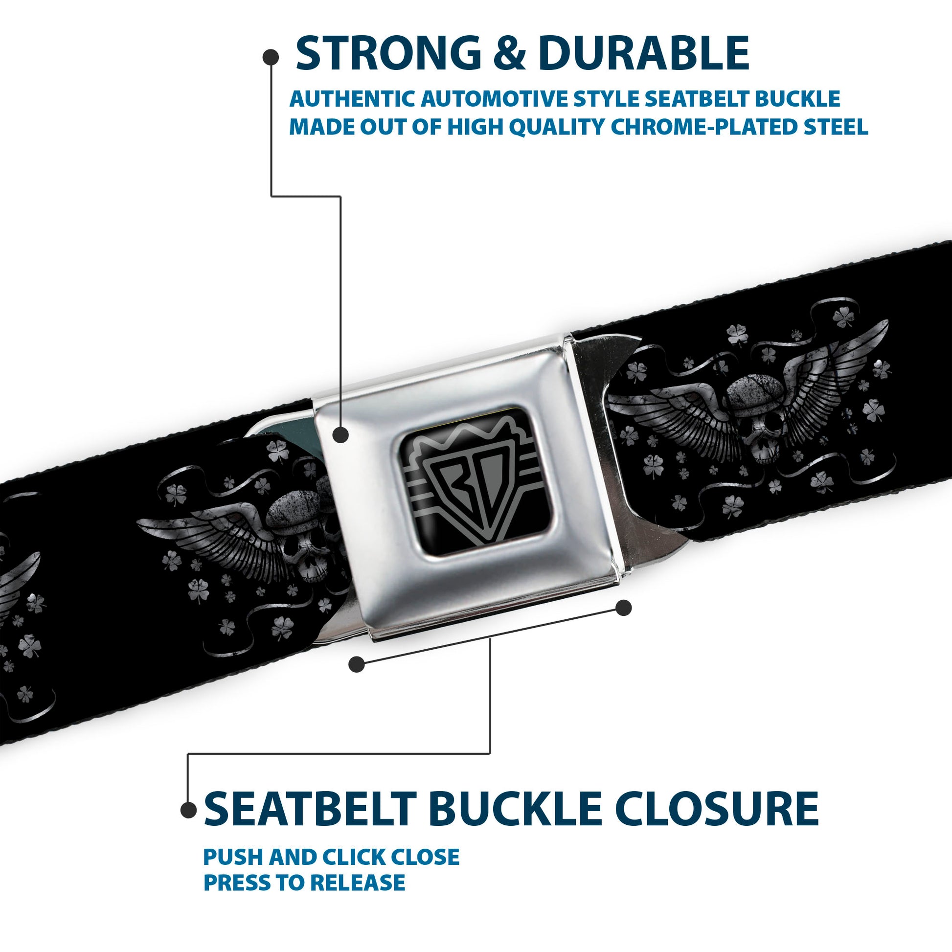 BD Wings Logo CLOSE-UP Full Color Black Silver Seatbelt Belt - I "Heart House Music" Webbing Seatbelt Belts Buckle-Down