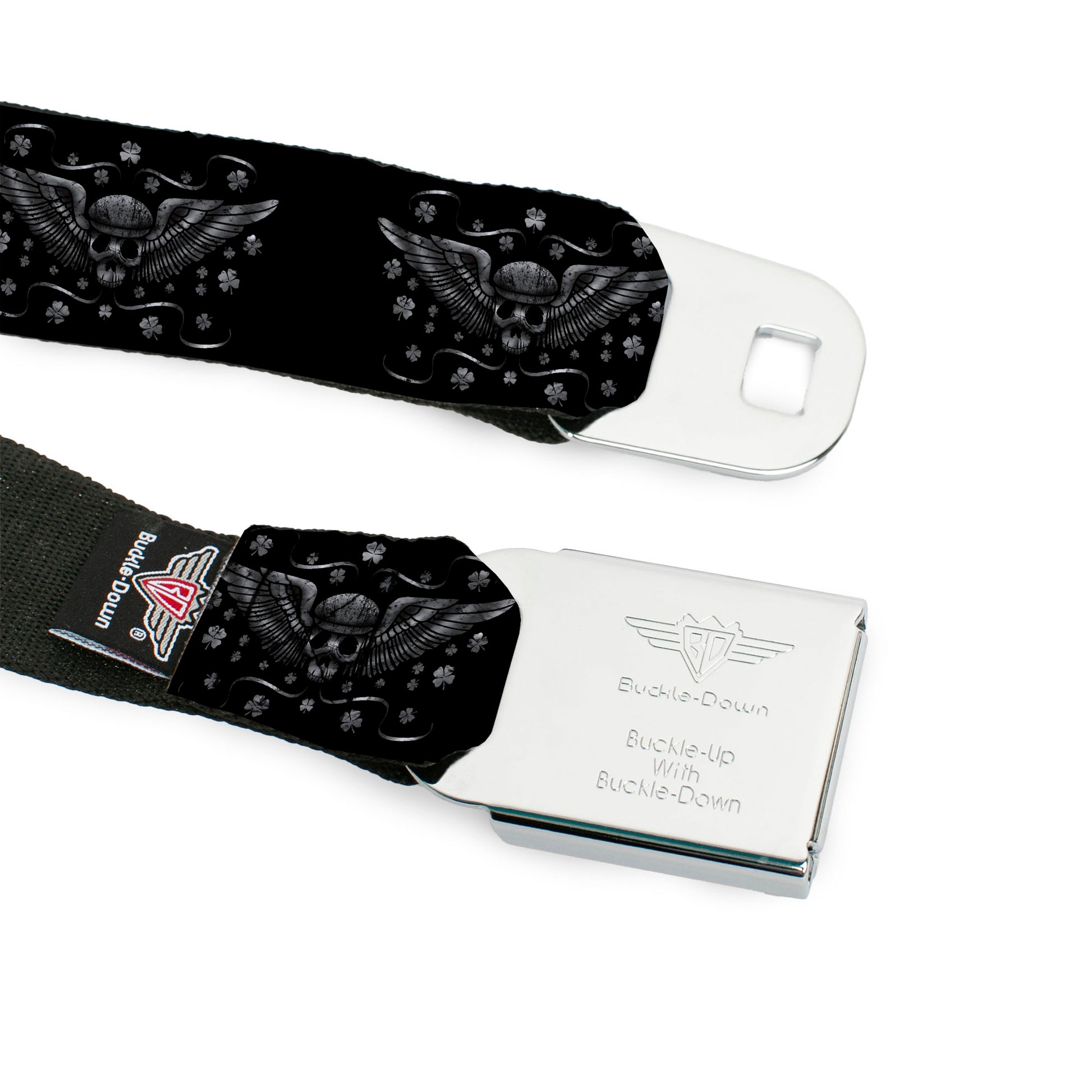 BD Wings Logo CLOSE-UP Full Color Black Silver Seatbelt Belt - I "Heart House Music" Webbing Seatbelt Belts Buckle-Down