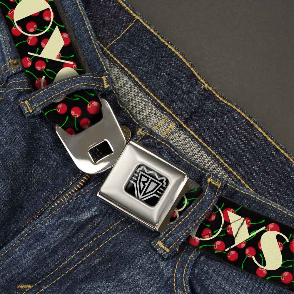BD Wings Logo CLOSE-UP Full Color Black Silver Seatbelt Belt - I Heart BOYS Black/Cherries Webbing Seatbelt Belts Buckle-Down