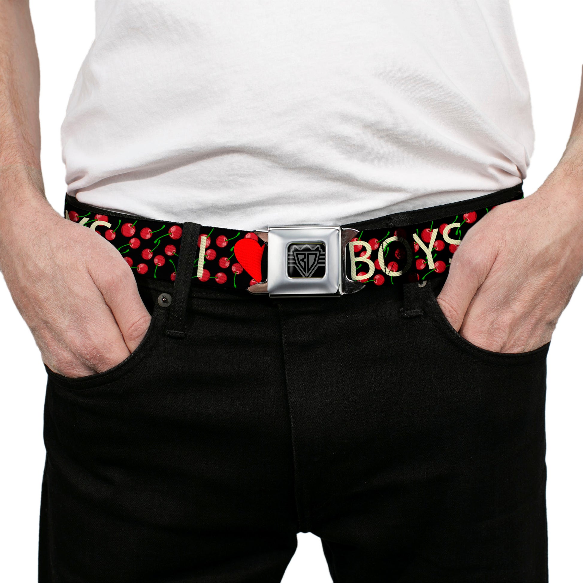 BD Wings Logo CLOSE-UP Full Color Black Silver Seatbelt Belt - I Heart BOYS Black/Cherries Webbing Seatbelt Belts Buckle-Down