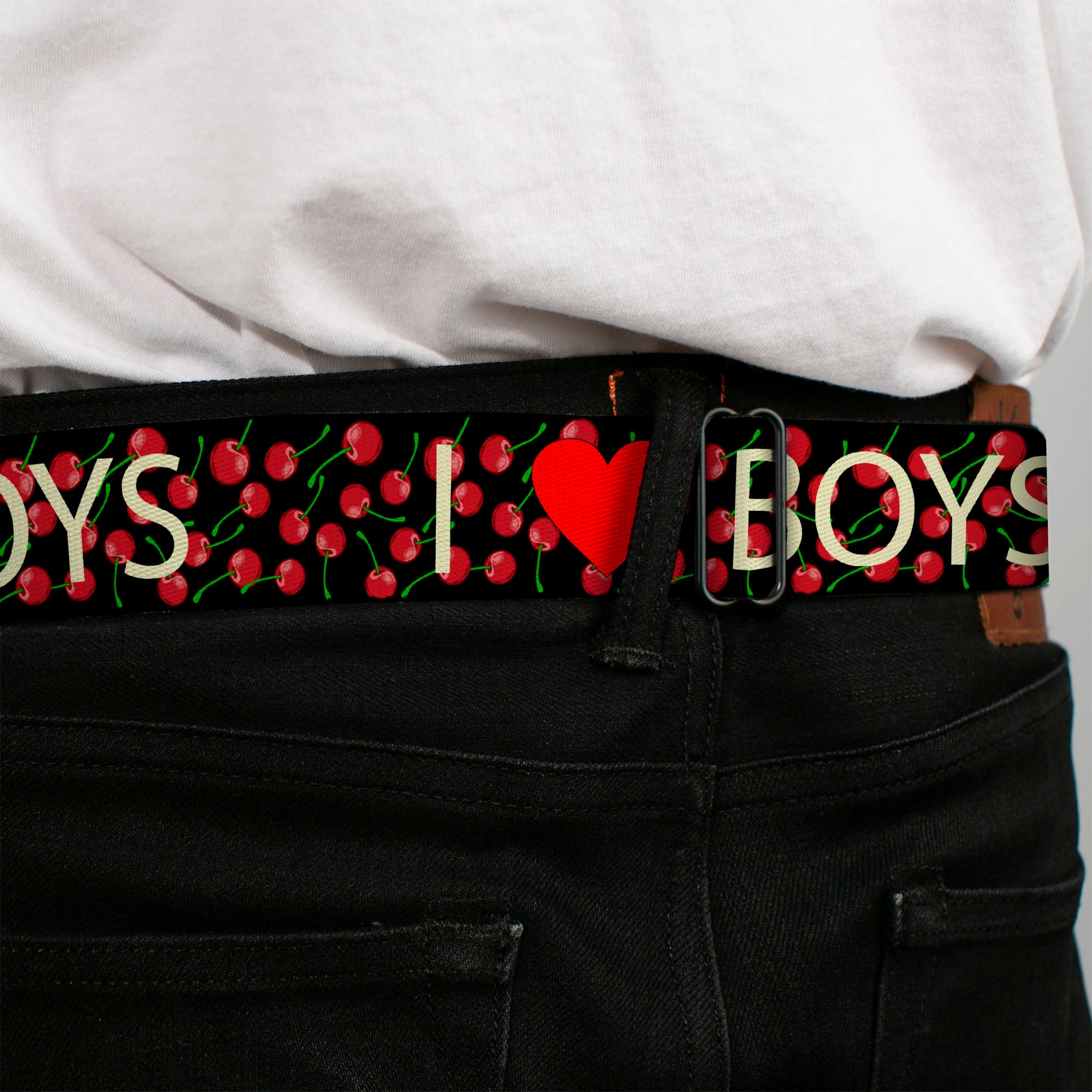 BD Wings Logo CLOSE-UP Full Color Black Silver Seatbelt Belt - I Heart BOYS Black/Cherries Webbing Seatbelt Belts Buckle-Down