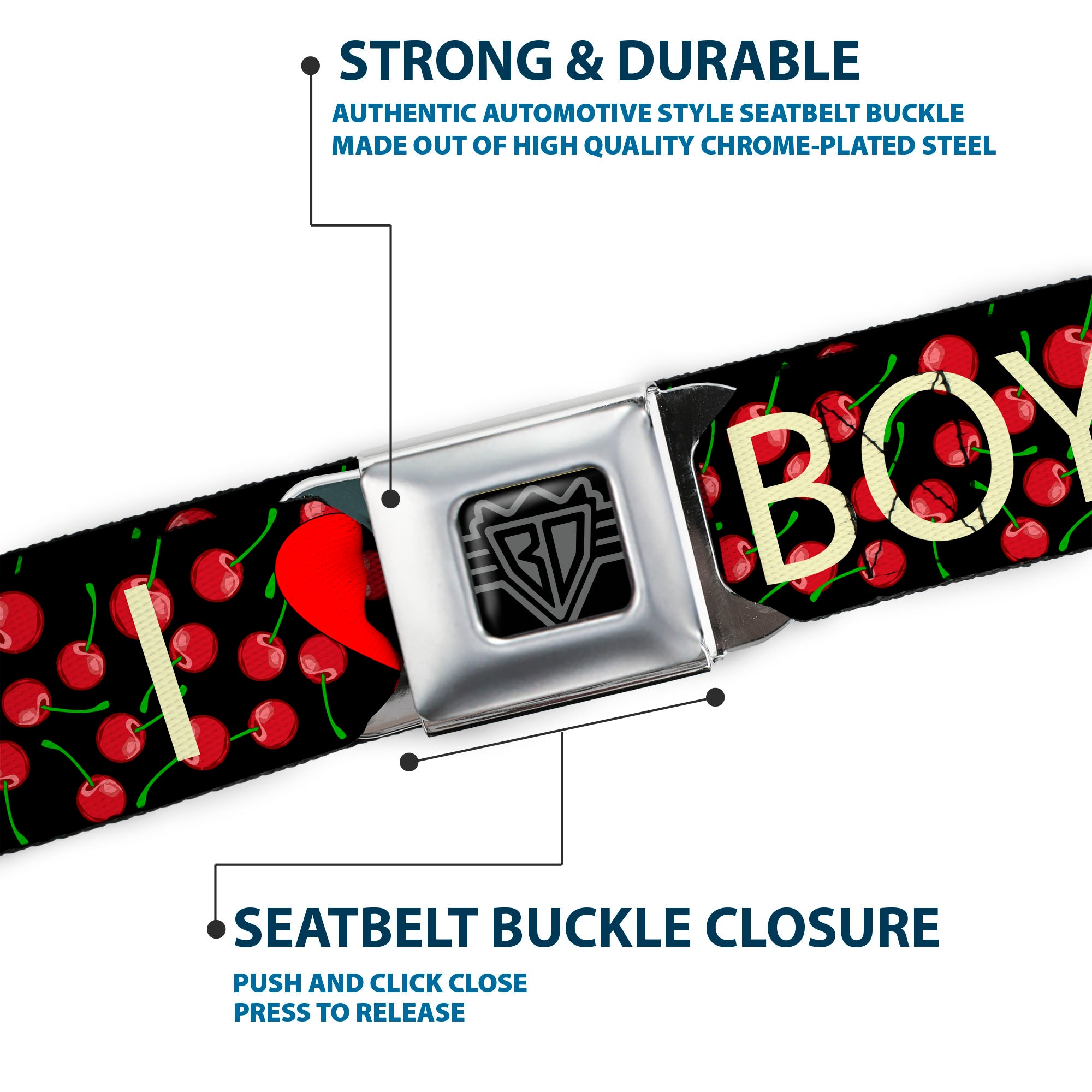 BD Wings Logo CLOSE-UP Full Color Black Silver Seatbelt Belt - I Heart BOYS Black/Cherries Webbing Seatbelt Belts Buckle-Down