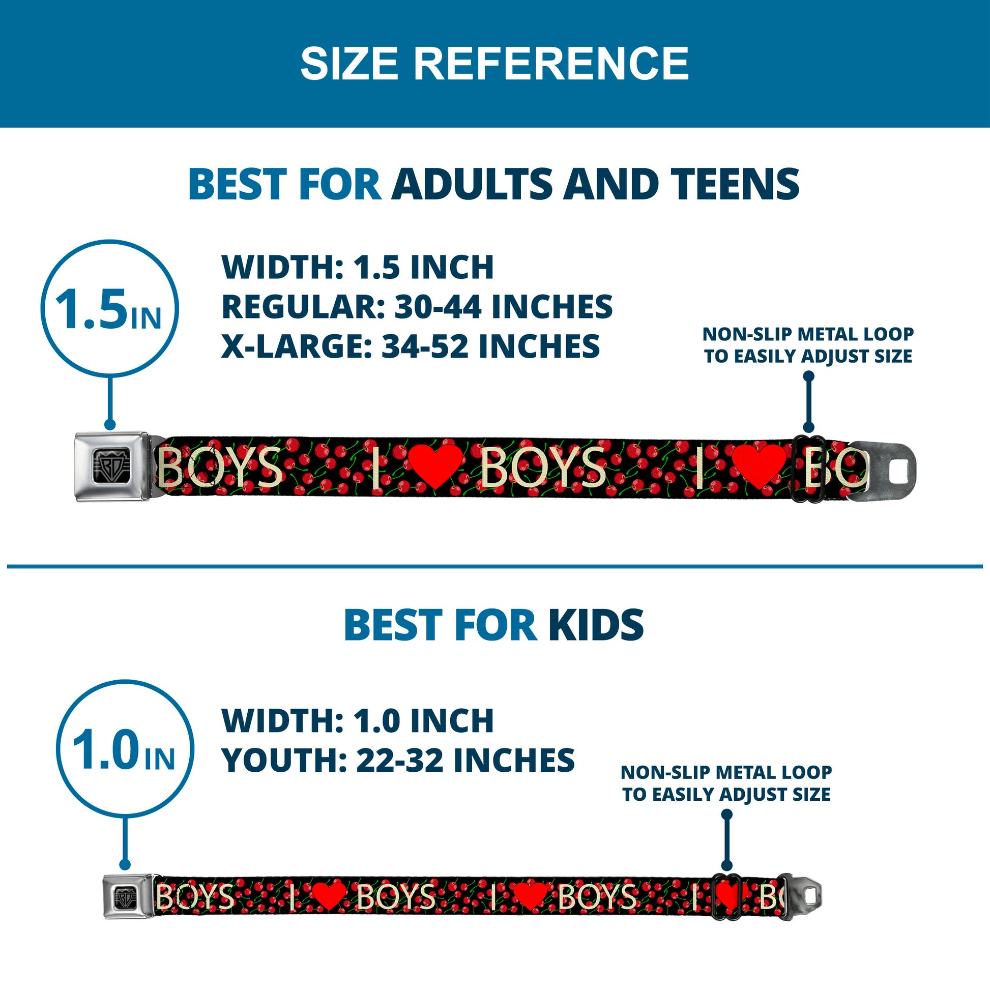 BD Wings Logo CLOSE-UP Full Color Black Silver Seatbelt Belt - I Heart BOYS Black/Cherries Webbing Seatbelt Belts Buckle-Down