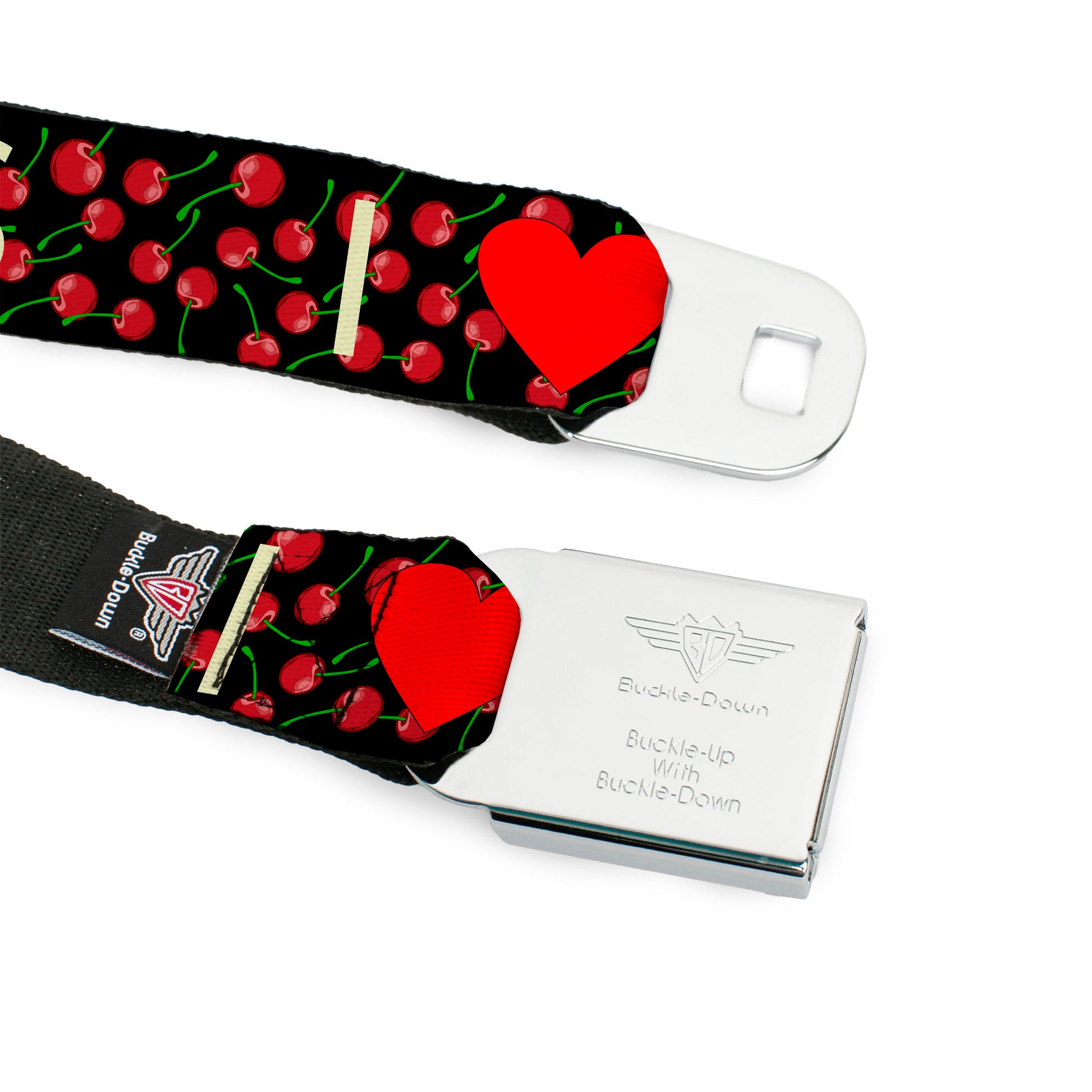 BD Wings Logo CLOSE-UP Full Color Black Silver Seatbelt Belt - I Heart BOYS Black/Cherries Webbing Seatbelt Belts Buckle-Down
