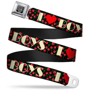 BD Wings Logo CLOSE-UP Full Color Black Silver Seatbelt Belt - I Heart BOYS Black/Cherries Webbing Seatbelt Belts Buckle-Down