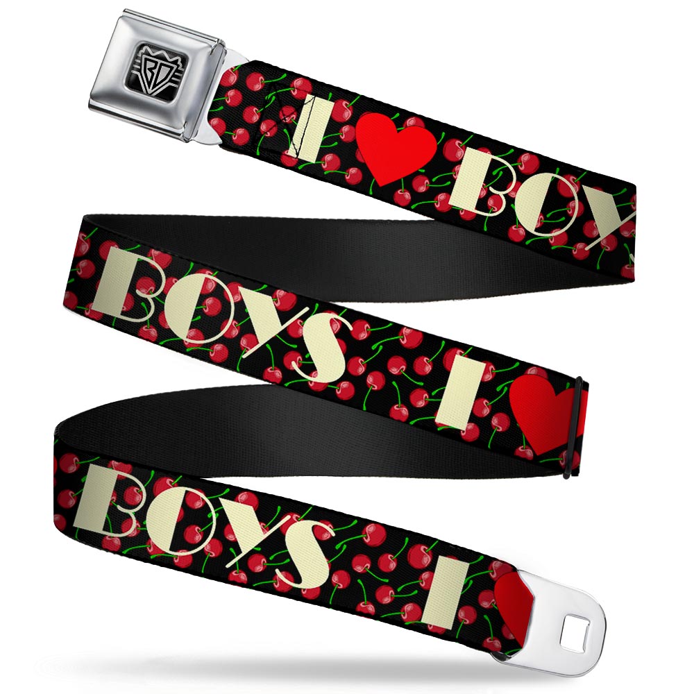 BD Wings Logo CLOSE-UP Full Color Black Silver Seatbelt Belt - I Heart BOYS Black/Cherries Webbing Seatbelt Belts Buckle-Down