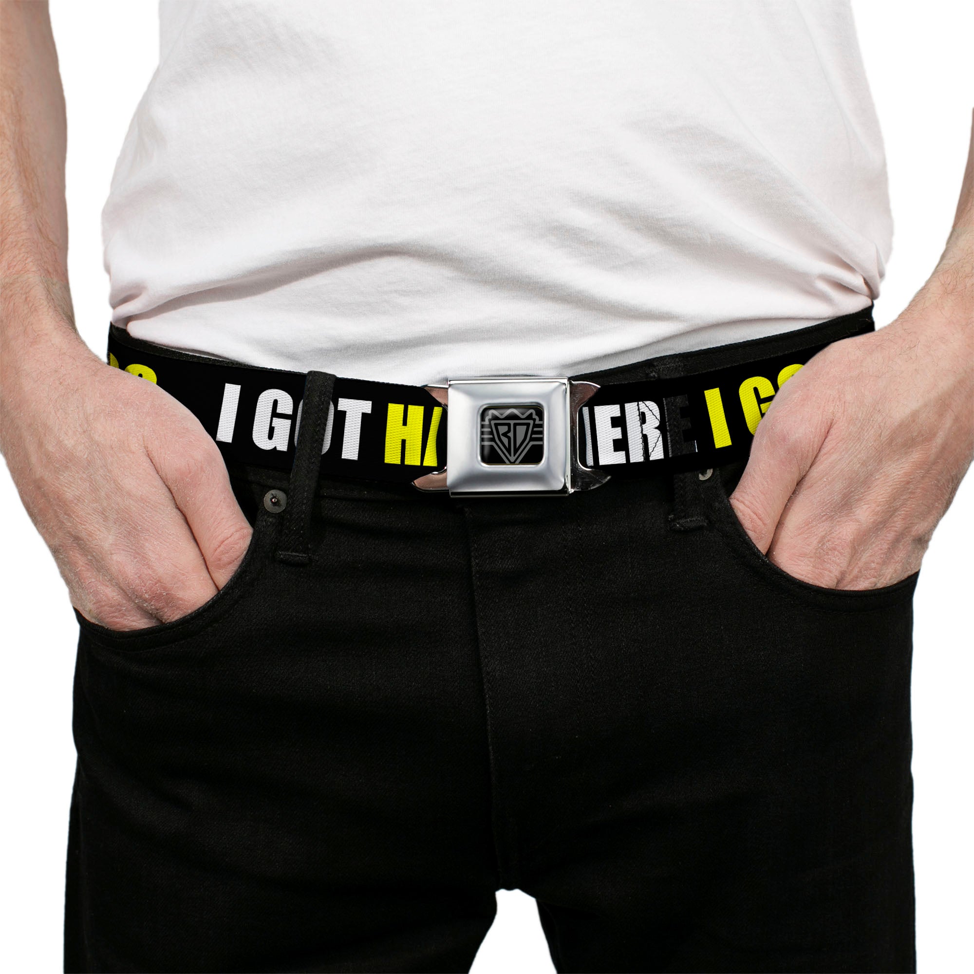 BD Wings Logo CLOSE-UP Full Color Black Silver Seatbelt Belt - I GOT HATERS EVERYWHERE Black/White/Yellow Webbing Seatbelt Belts Buckle-Down
