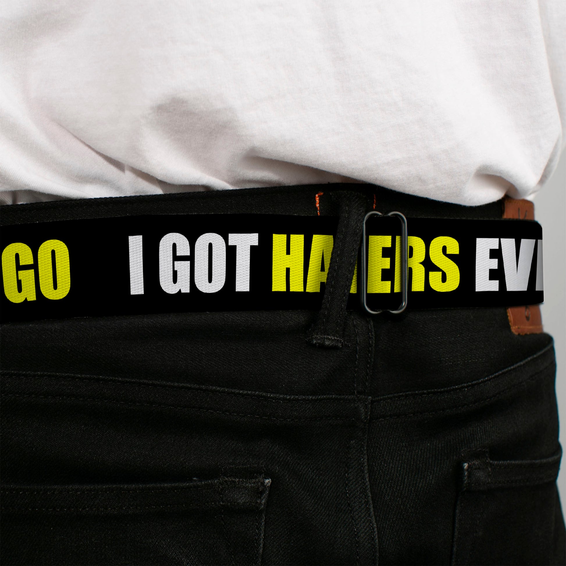 BD Wings Logo CLOSE-UP Full Color Black Silver Seatbelt Belt - I GOT HATERS EVERYWHERE Black/White/Yellow Webbing Seatbelt Belts Buckle-Down